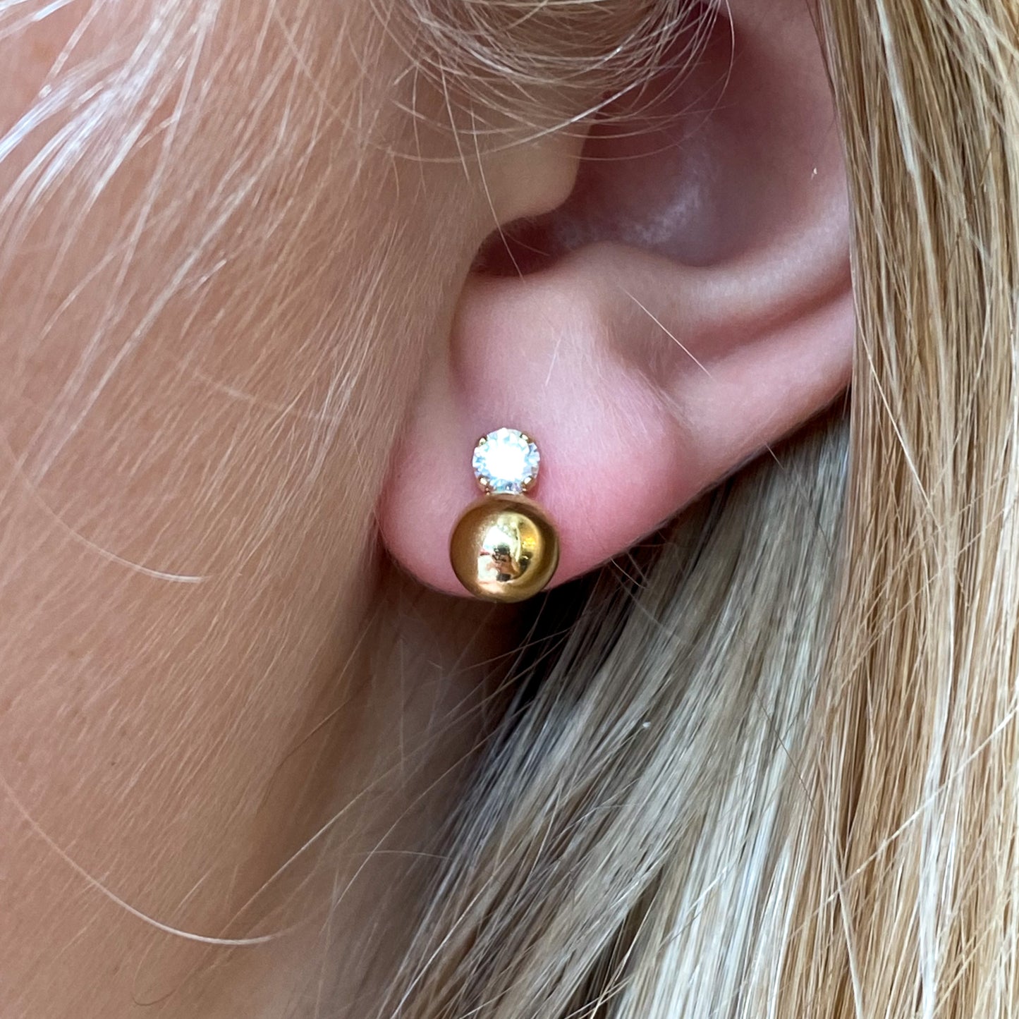 9ct gold ball and cubic zirconia stud earrings by PJD, featuring 7mm round earrings with polished gold and sparkling stones.
