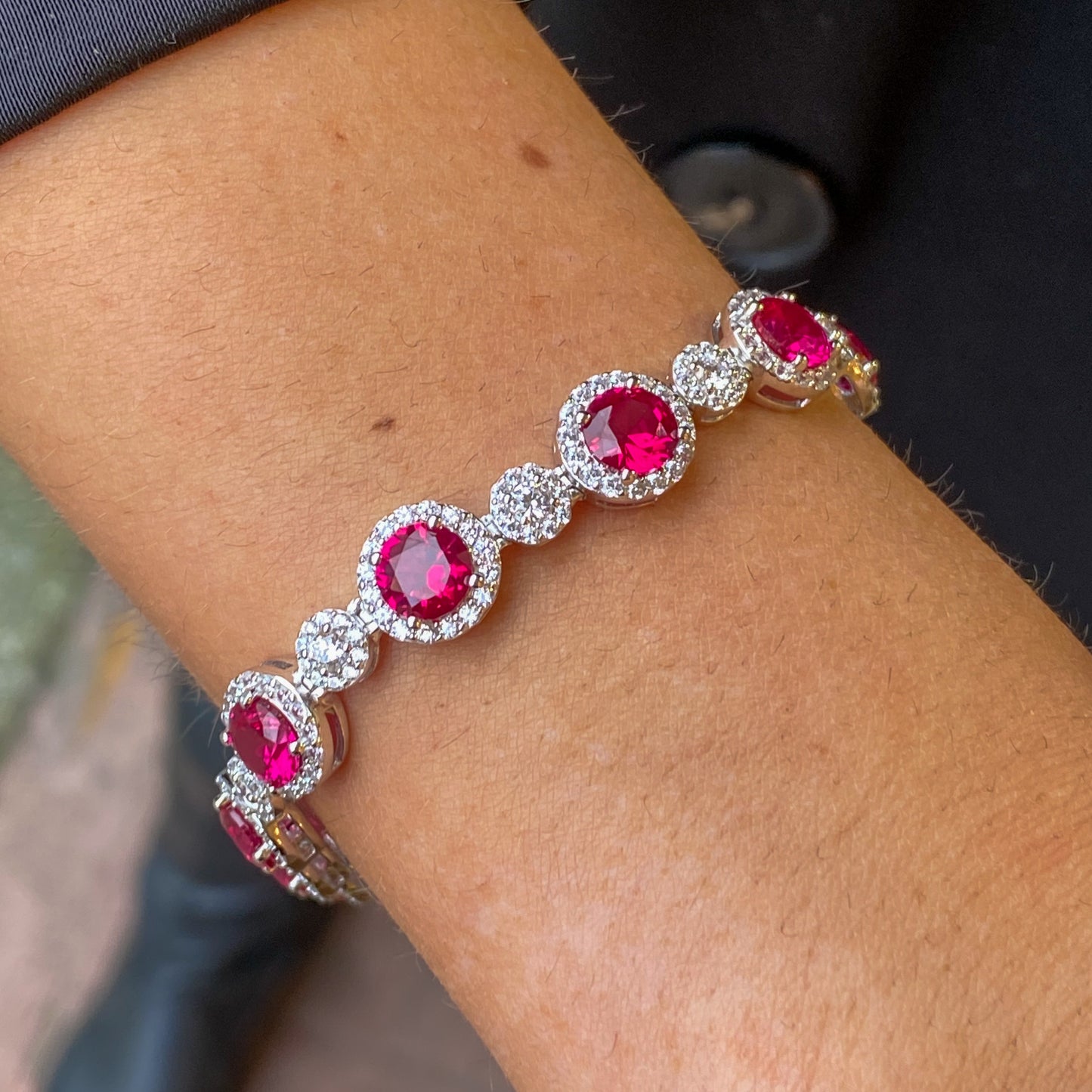 Silver Created Ruby & CZ Halos Bracelet - John Ross Jewellers