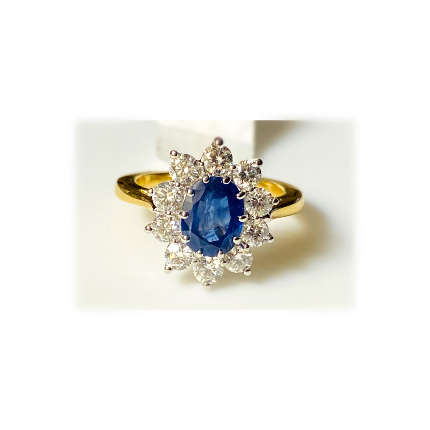 Dante 18ct gold sapphire and diamond ring showing a detailed view of the band with blue sapphire and sparkling diamonds.