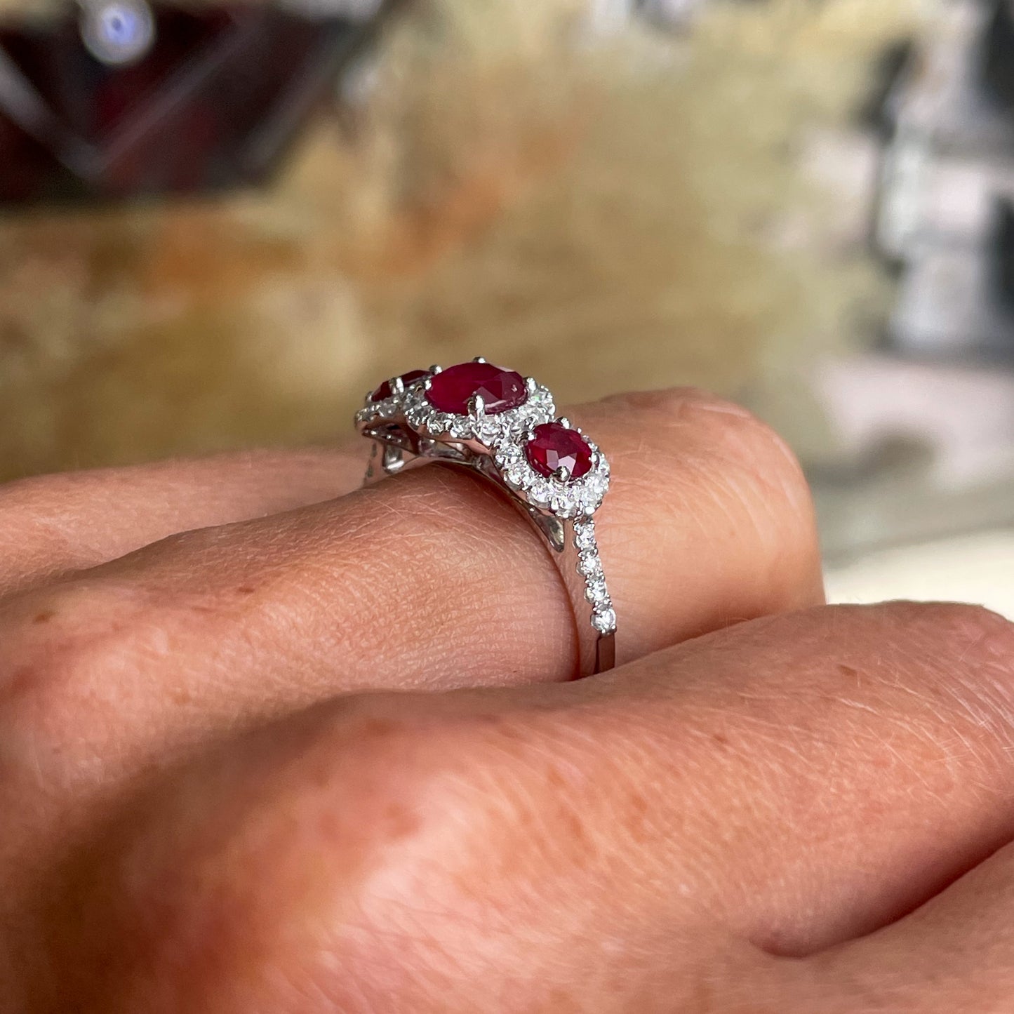 Platinum Ruby & Diamond Trilogy Garland Ring | Diamond Shoulders - John Ross Jewellers