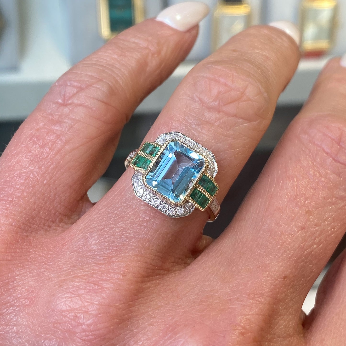 9ct Gold Blue Topaz, Emerald & Diamond Ring - John Ross Jewellers