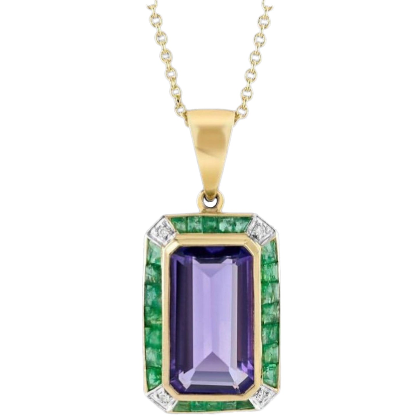 9ct gold pendant necklace featuring amethyst, emerald, and diamond gemstones, showcasing an elegant and intricate jewelry design.
