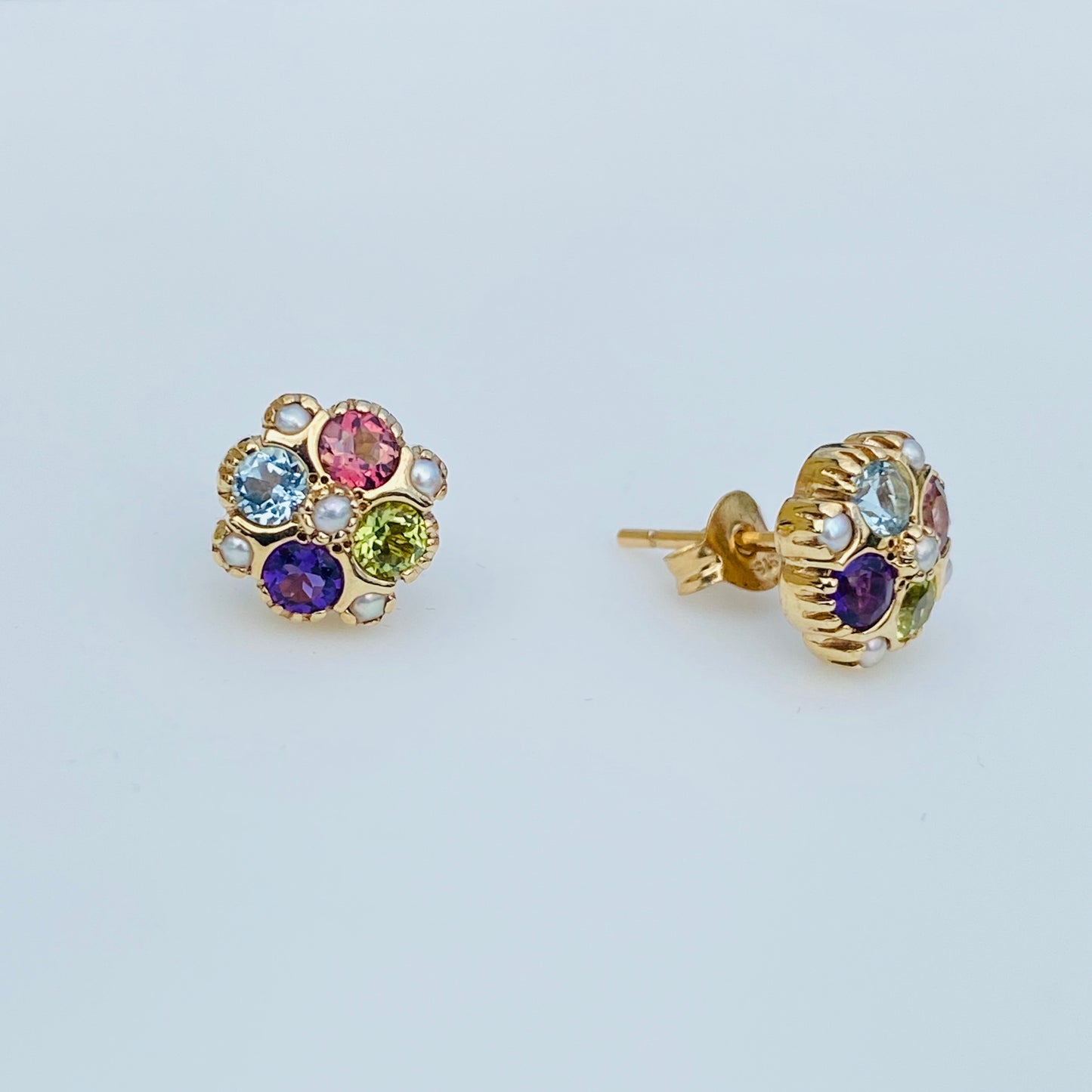 9ct Gold Amethyst, Pink Tourmaline, Blue Topaz, Peridot & Pearl Stud Earrings - John Ross Jewellers