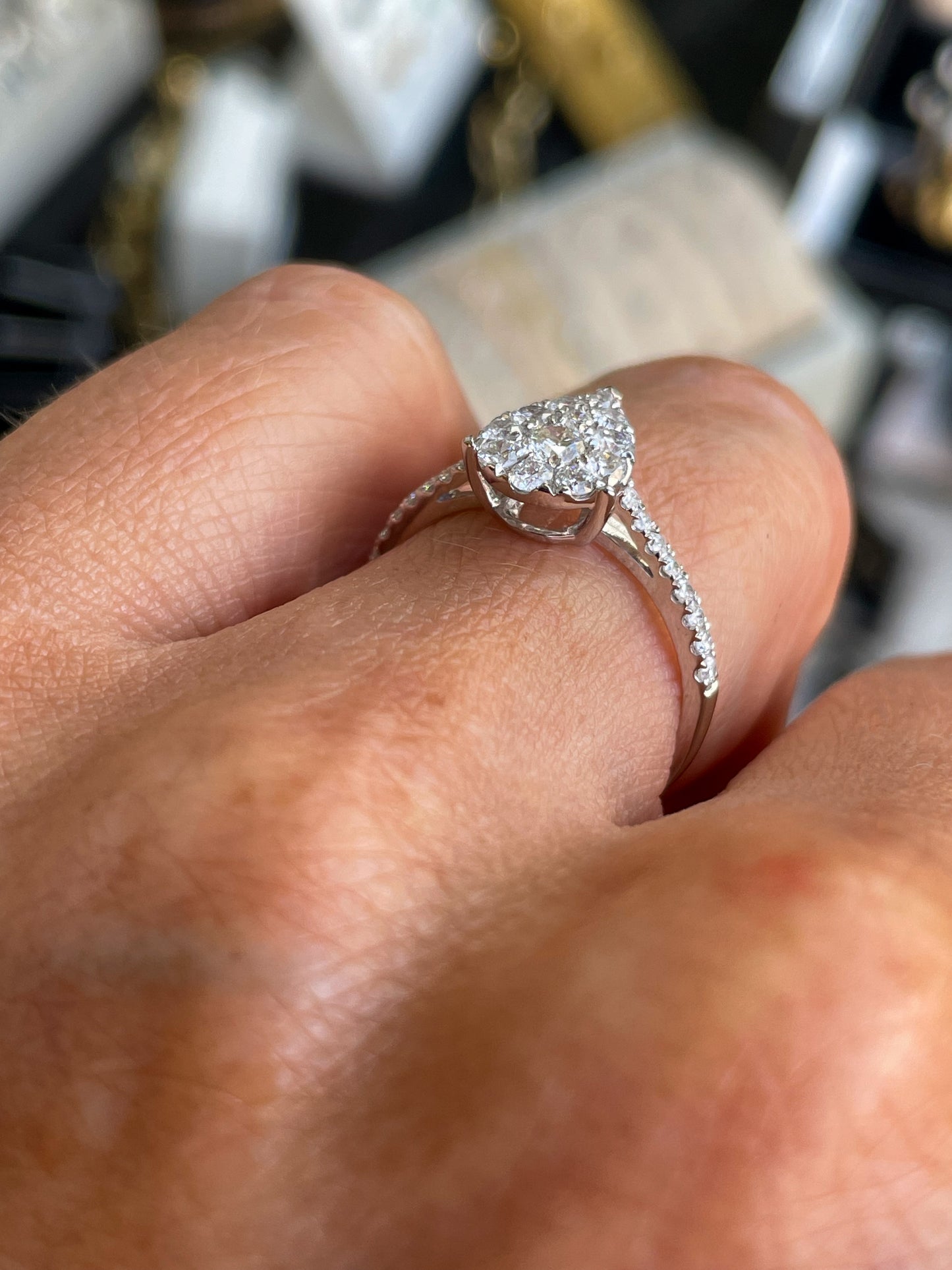 9ct White Gold 0.61ct GHSI Pear Solitaire Cluster Diamond Ring - John Ross Jewellers