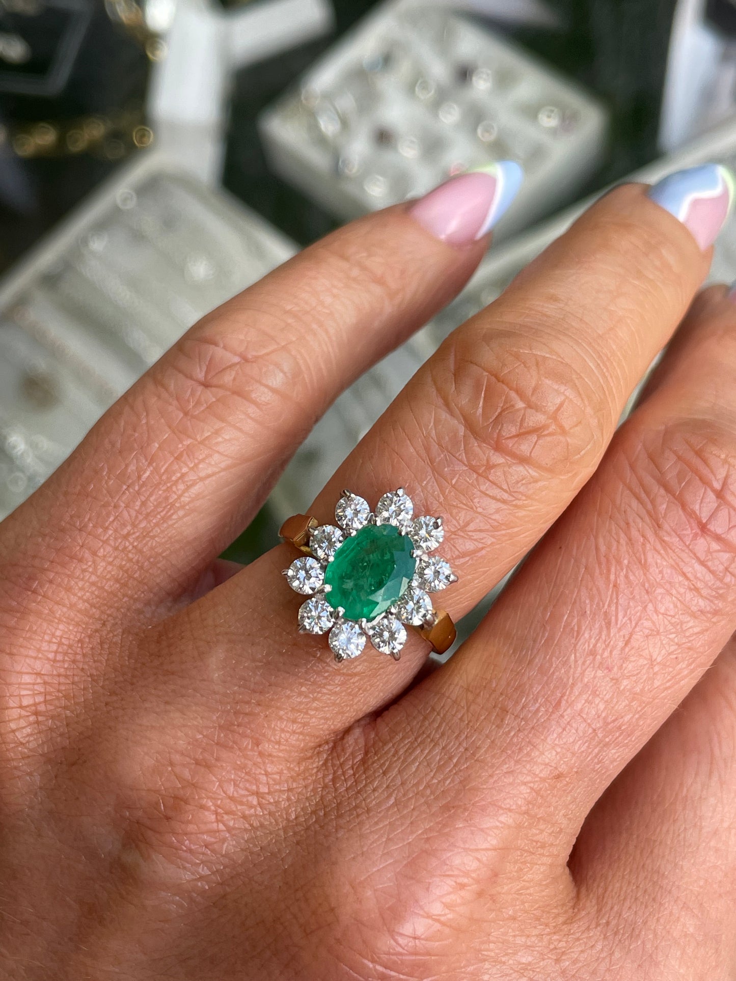18ct Gold Oval Cut Emerald & Diamond Cluster Ring - John Ross Jewellers