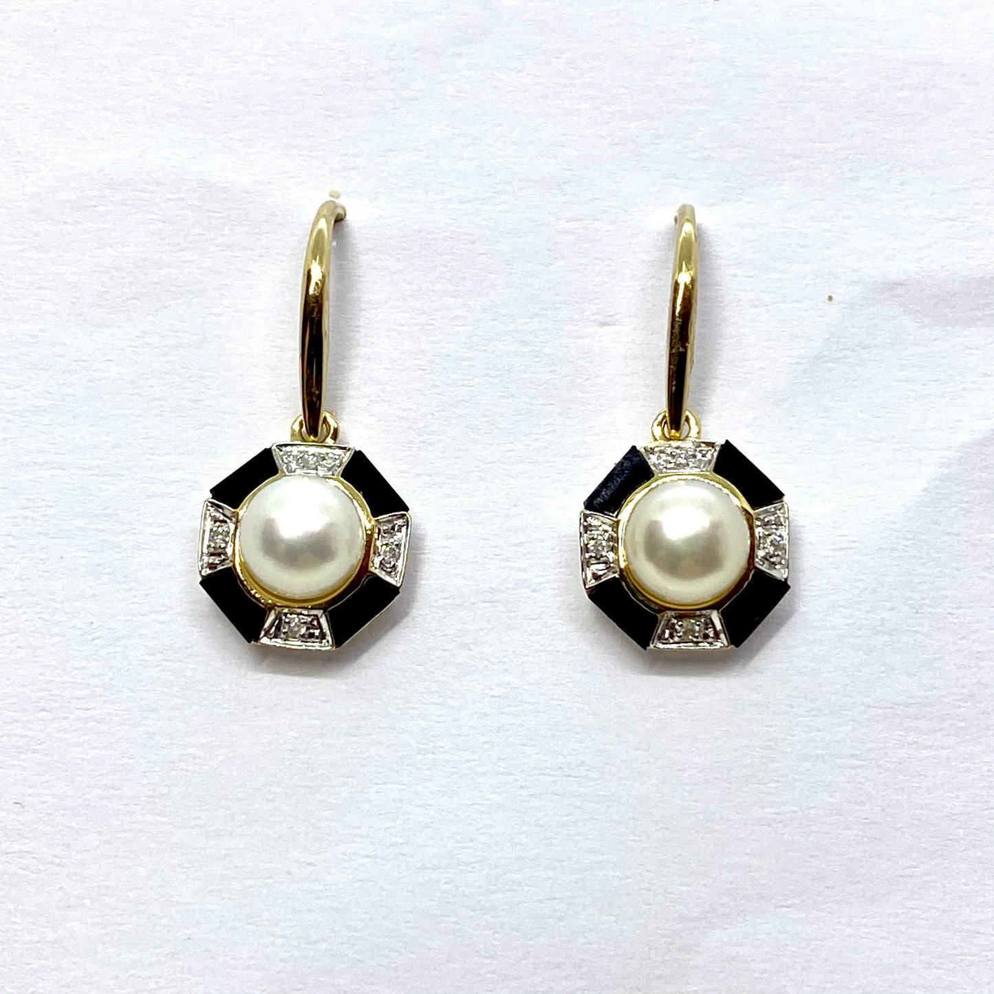 9ct Gold Pearl, Onyx & Diamond Drop Earrings - John Ross Jewellers