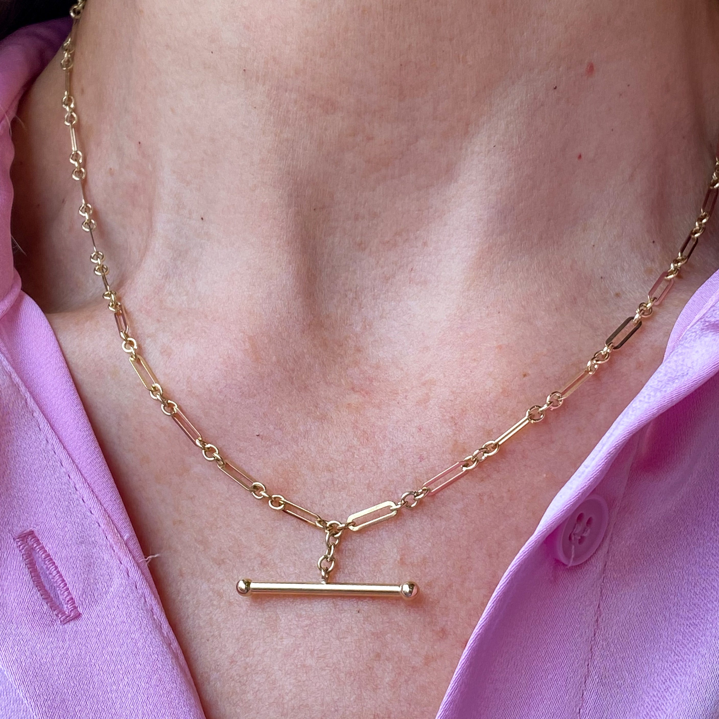 9ct Gold T-Bar Lariat Necklace Paper Link Figaro John Ross