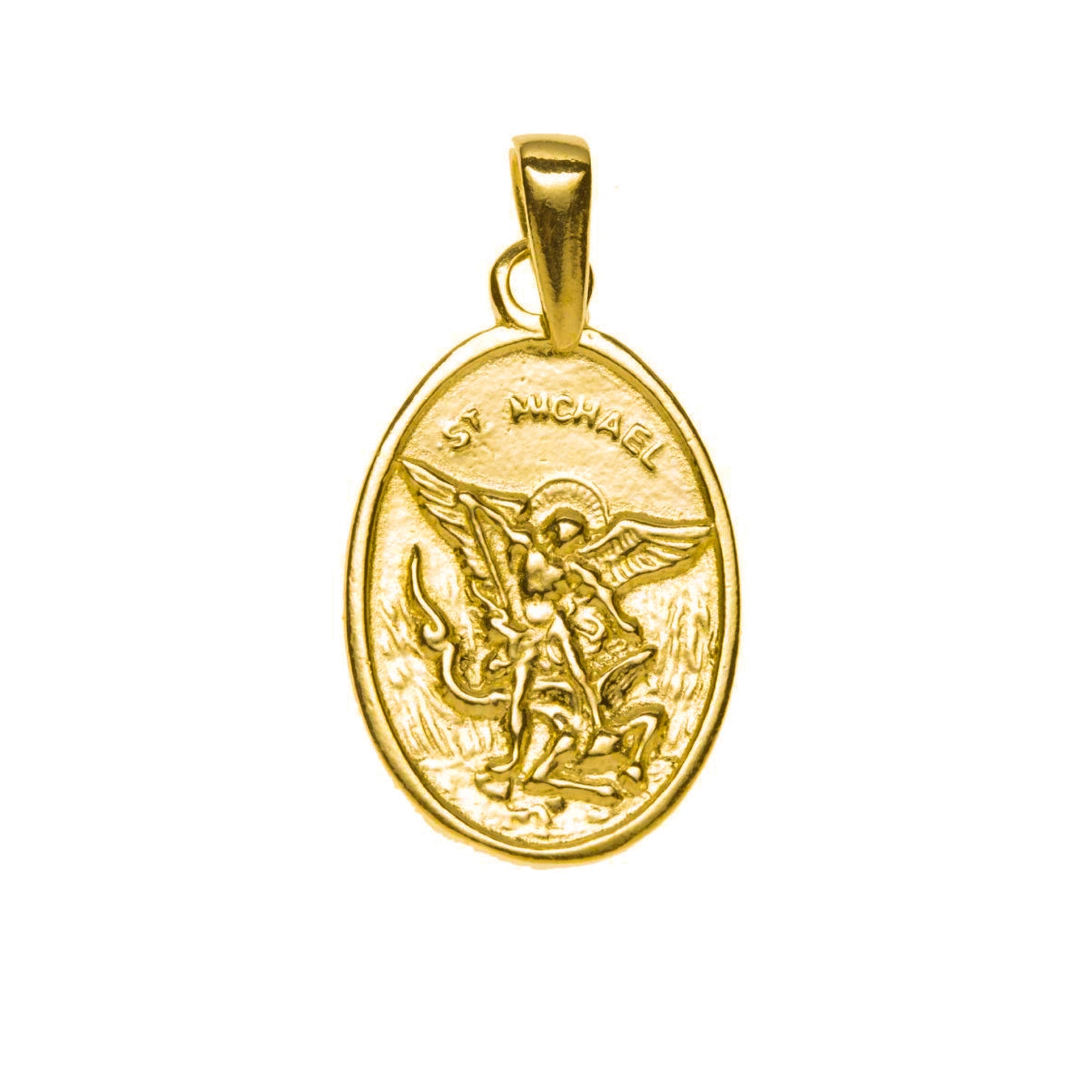 9ct gold St Michael oval pendant by Clandela featuring detailed religious iconography on a sleek gold chain.