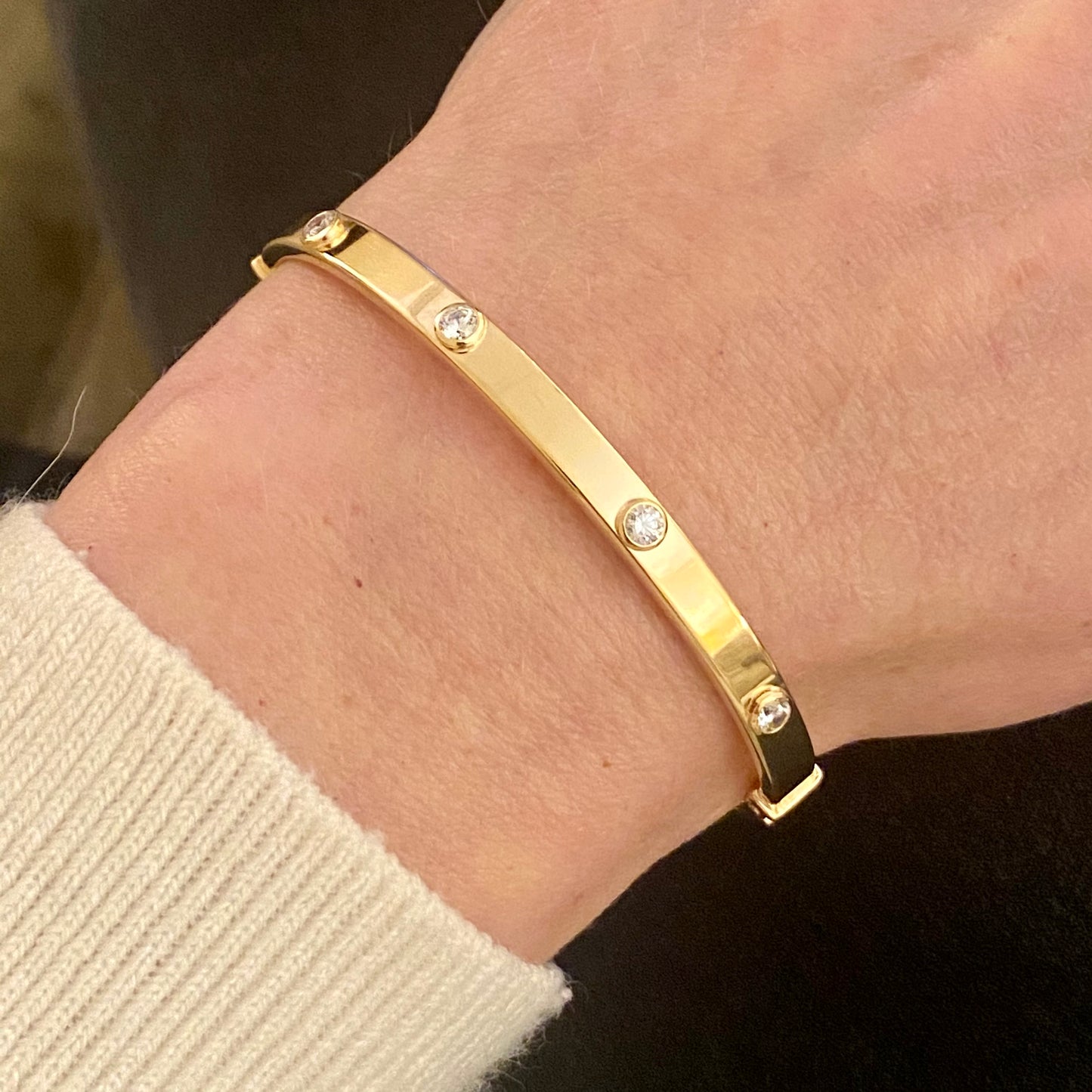 9ct Gold Polished Bangle | Eight CZs - John Ross Jewellers