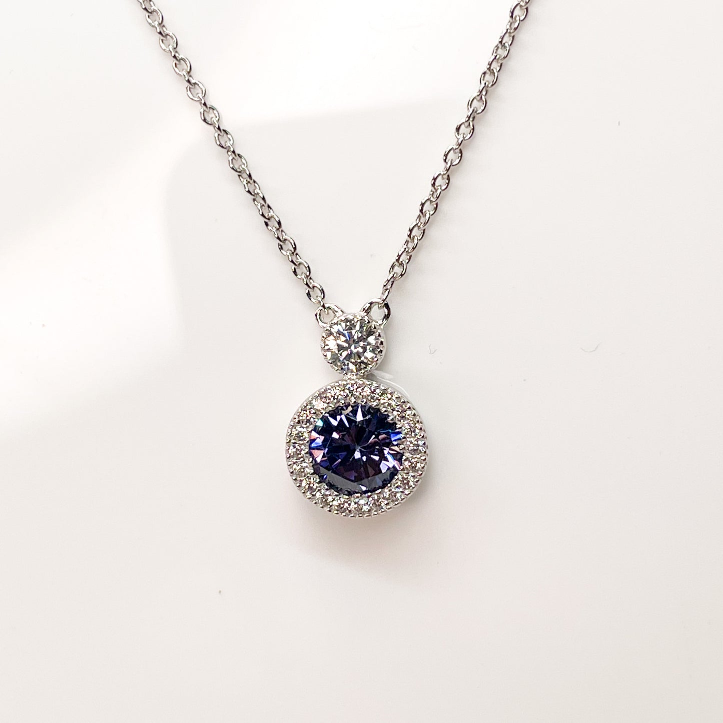 Silver Halo Created Tanzanite & CZ Necklace - John Ross Jewellers