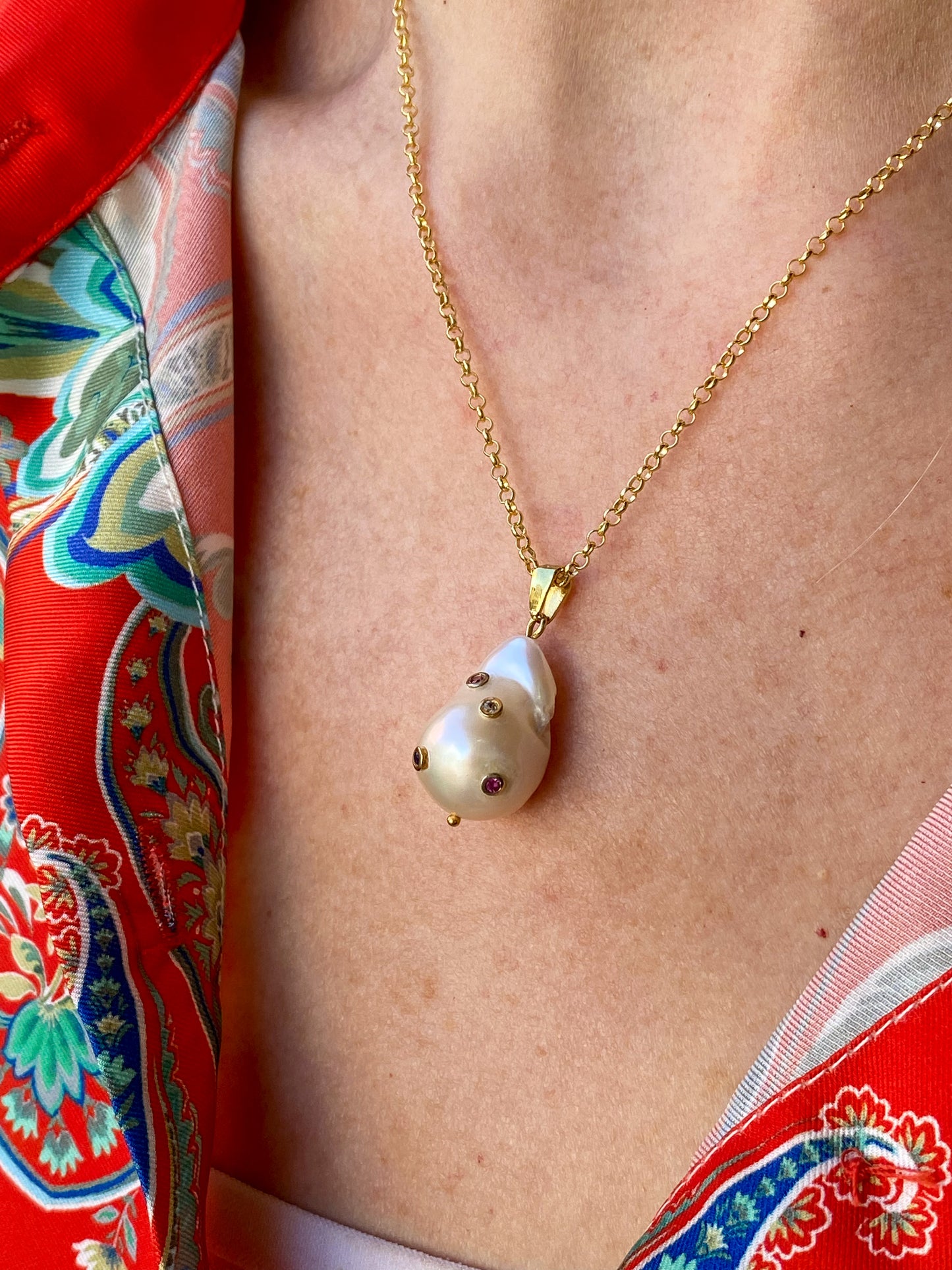 Rainbow Studded Baroque Pearl Pendant Necklace - John Ross Jewellers