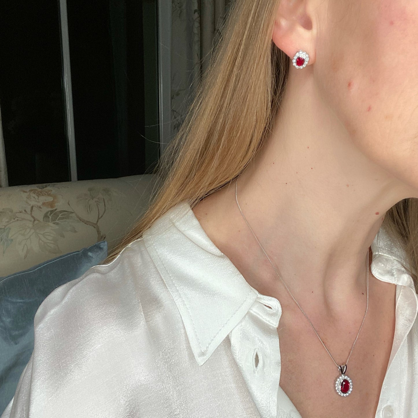 Silver Created Ruby CZ Vintage Oval Stud Earrings - John Ross Jewellers