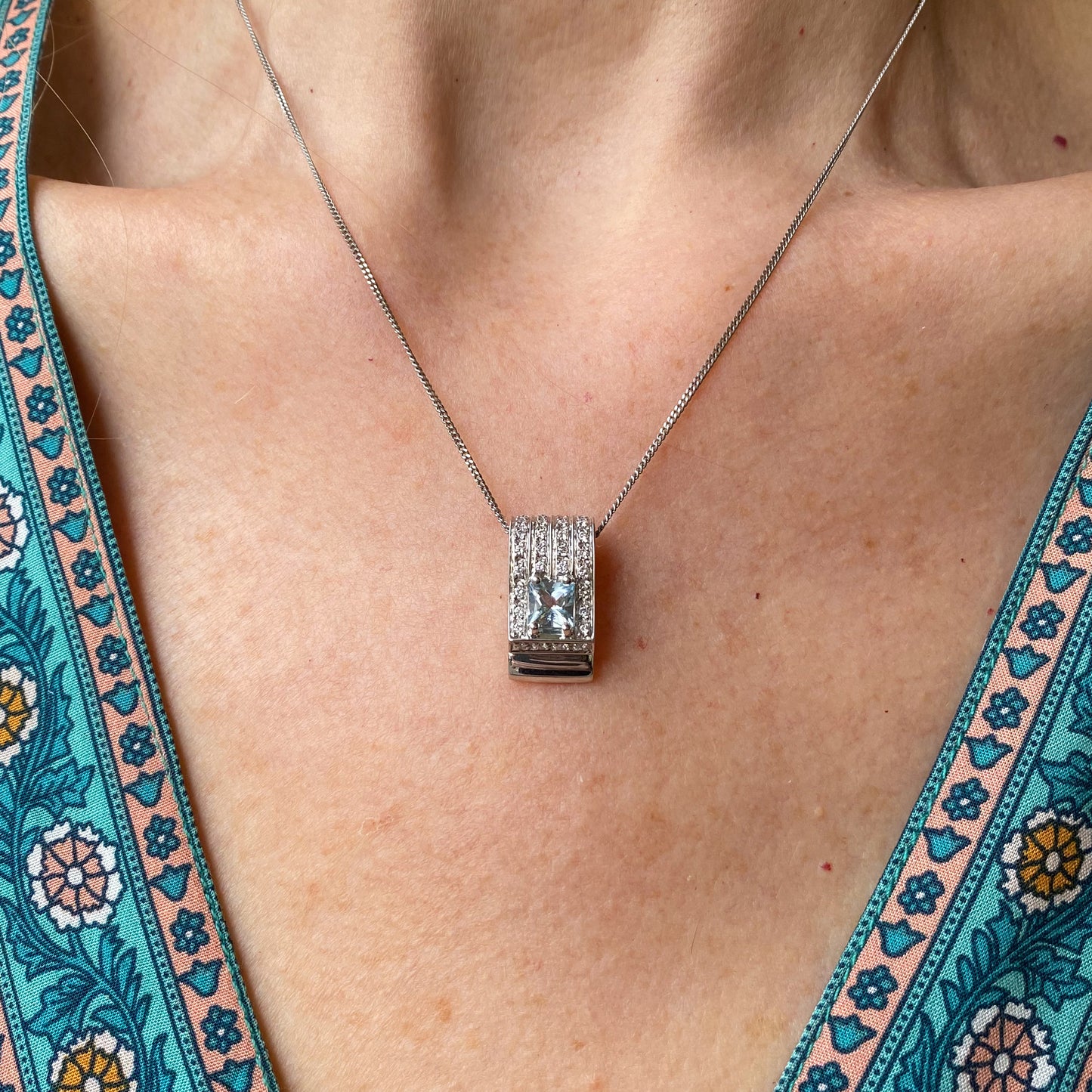 18ct White Gold Aquamarine & Diamond Pendant Necklace - John Ross Jewellers