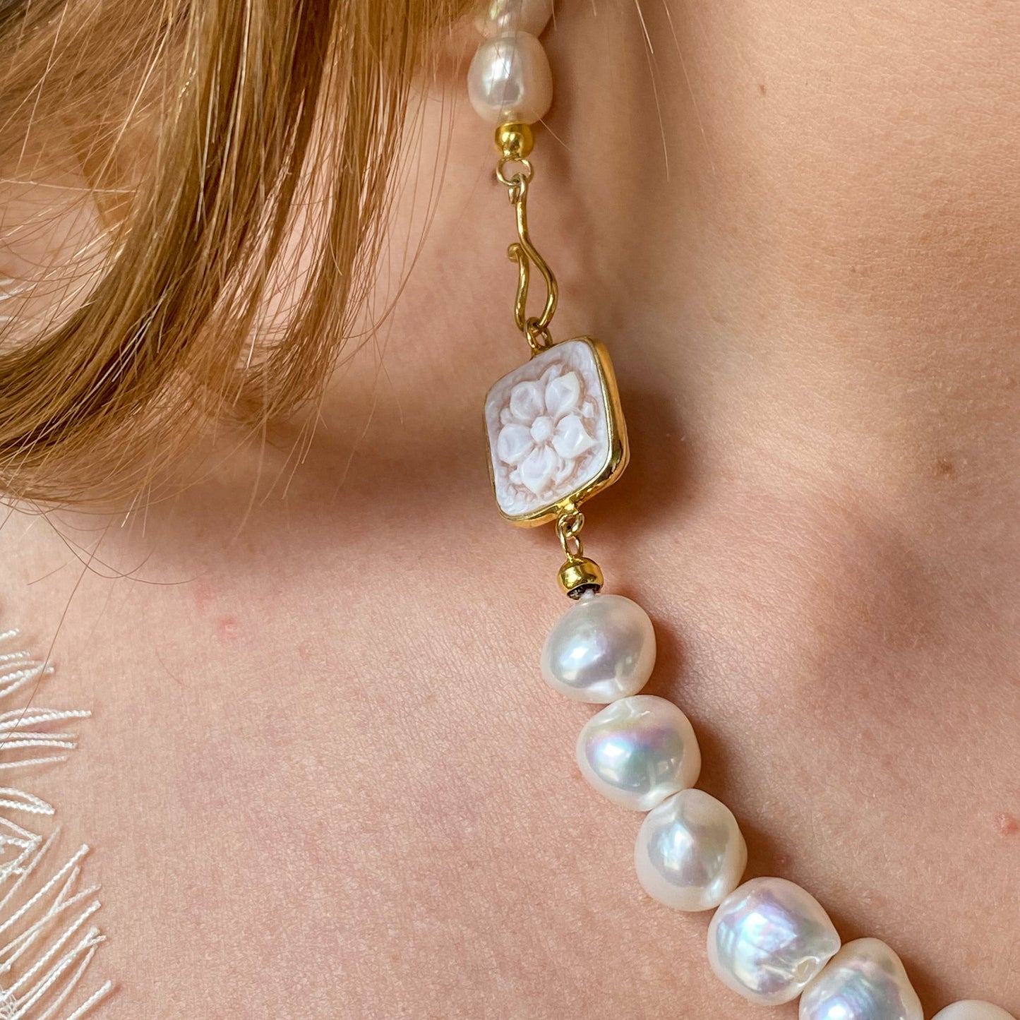 Floral Cameo & Freshwater Pearl Necklace 10mm-12mm | 47cm - John Ross Jewellers