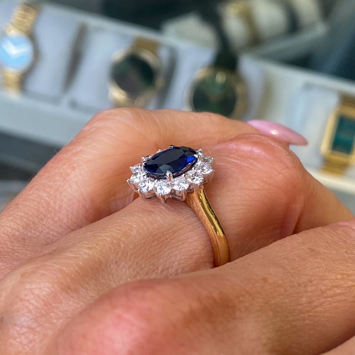 18ct Gold Sapphire & Diamond Diana Cluster Ring - John Ross Jewellers