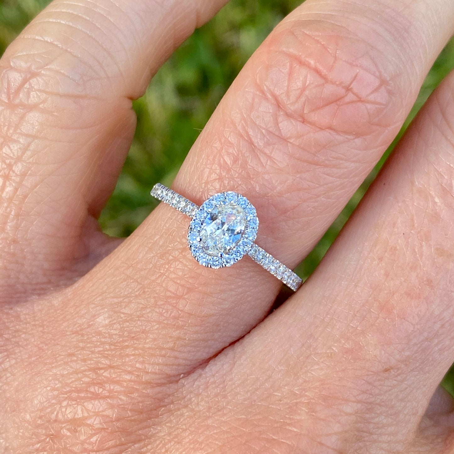 18ct White Gold 0.73ct GHSI Oval Cut Solitaire Halo Diamond Ring - John Ross Jewellers