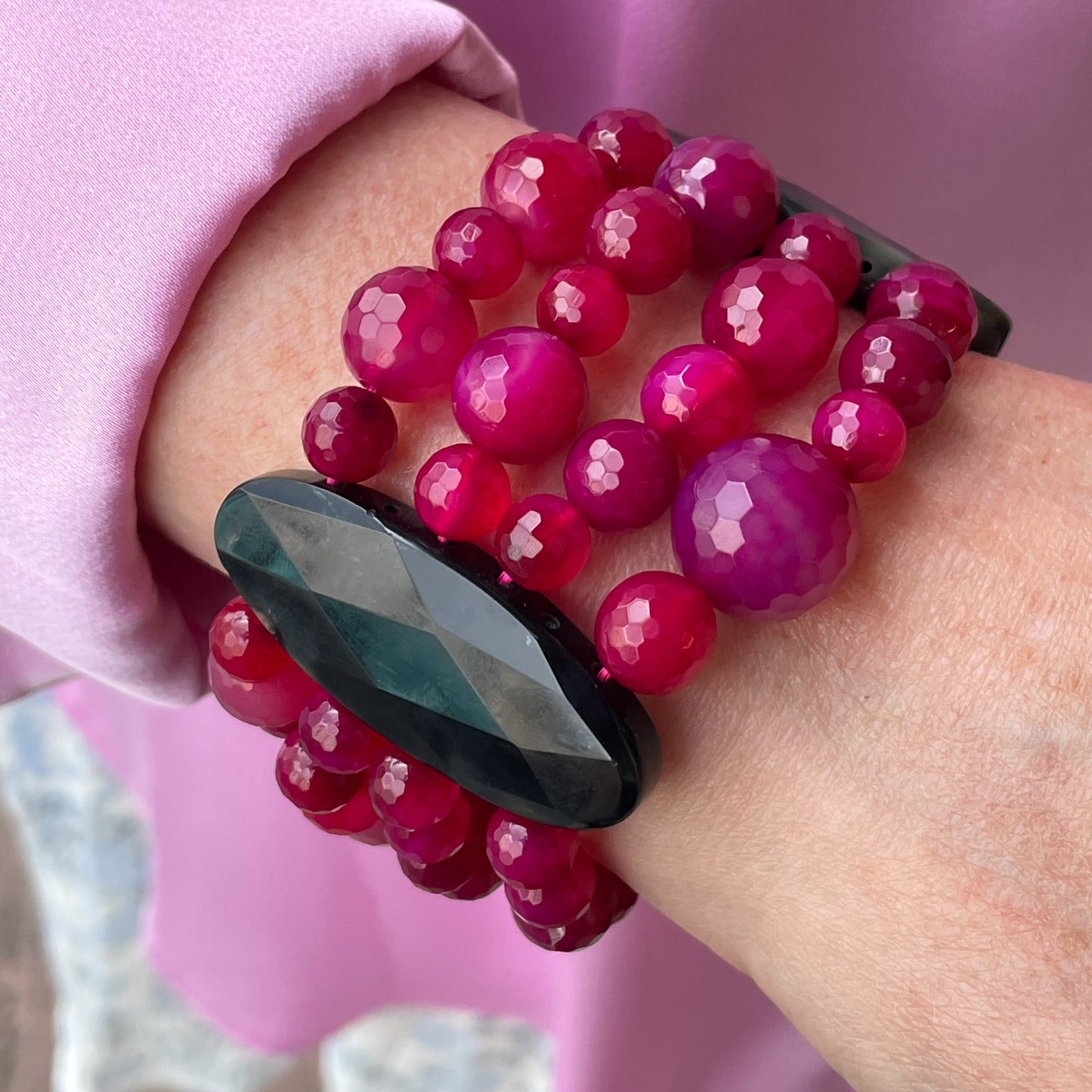 Super Chunky Rubellite & Black Agate Stretch Bracelet - John Ross Jewellers