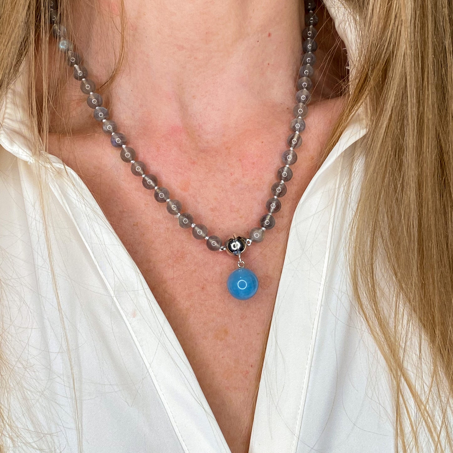 Labradorite Necklace | Aquamarine Dropper - John Ross Jewellers