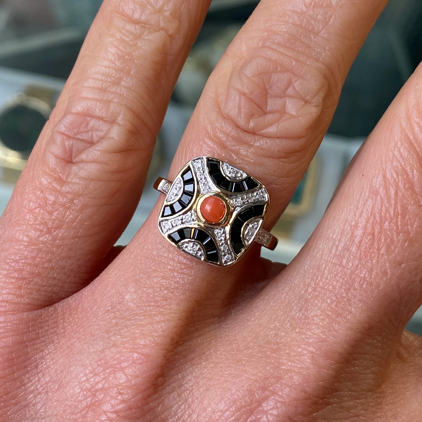 9ct Gold Red Coral, Onyx & Diamond Ring - John Ross Jewellers