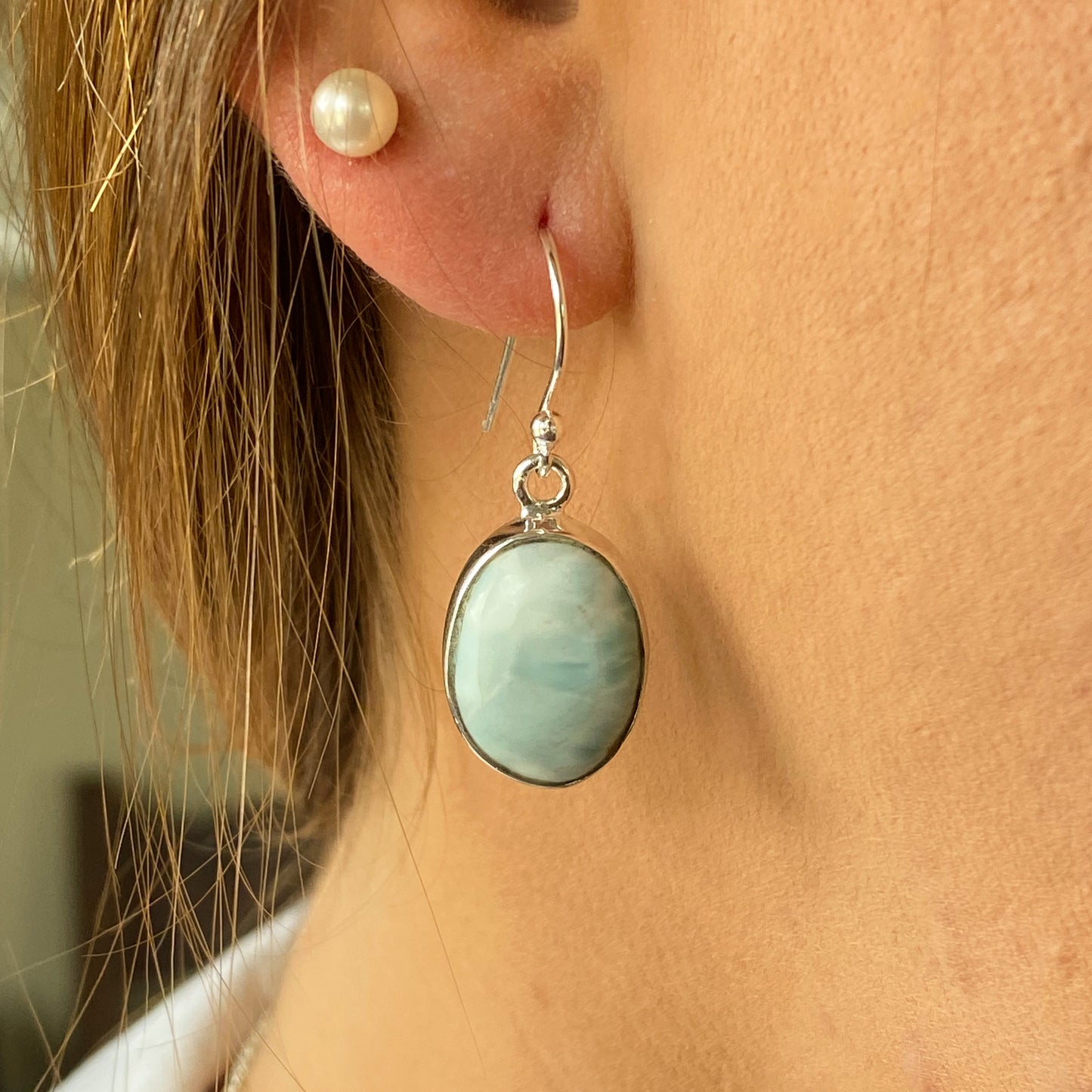 Silver Oval Larimar Drop Earrings - John Ross Jewellers
