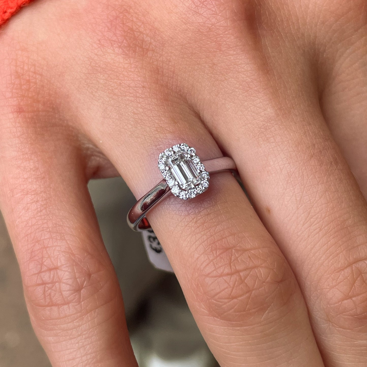 18ct White Gold Emerald Cut Halo Diamond Engagement Ring 0.51ct - John Ross Jewellers