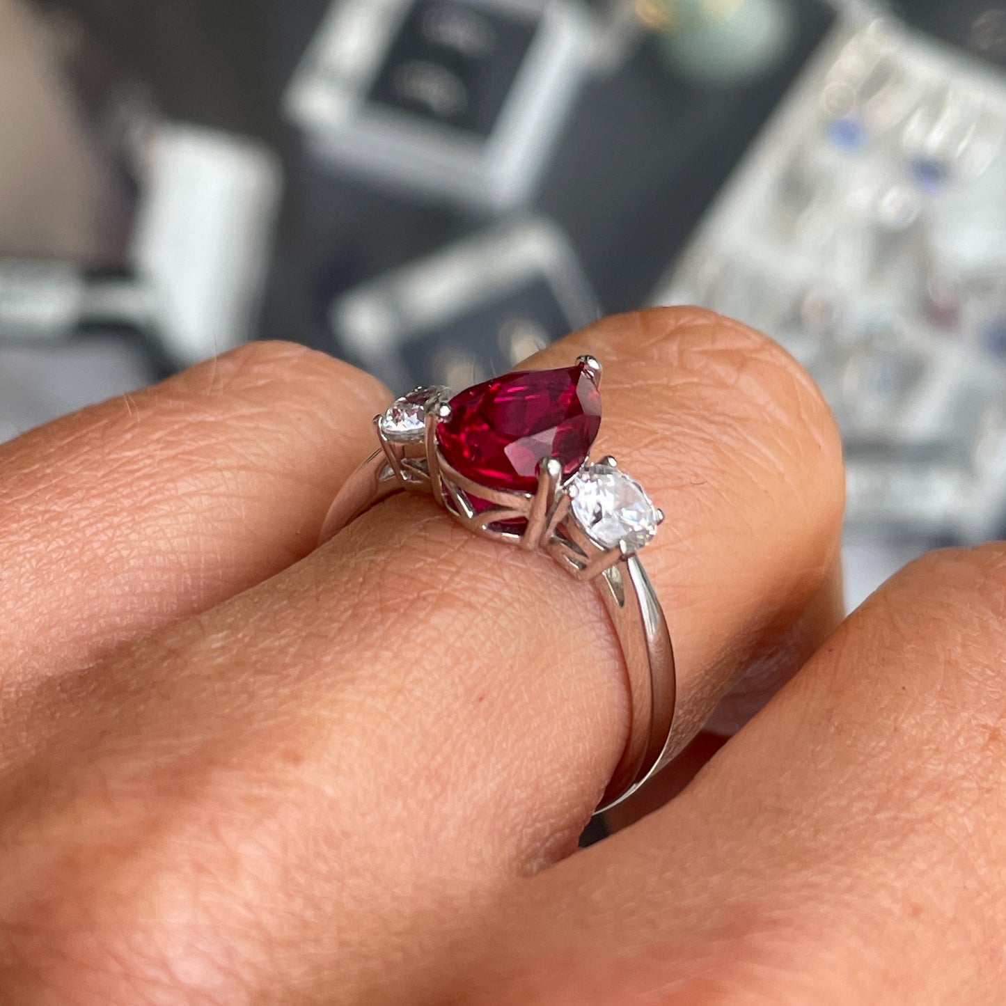 9ct White Gold Created Ruby & CZ Ring - John Ross Jewellers