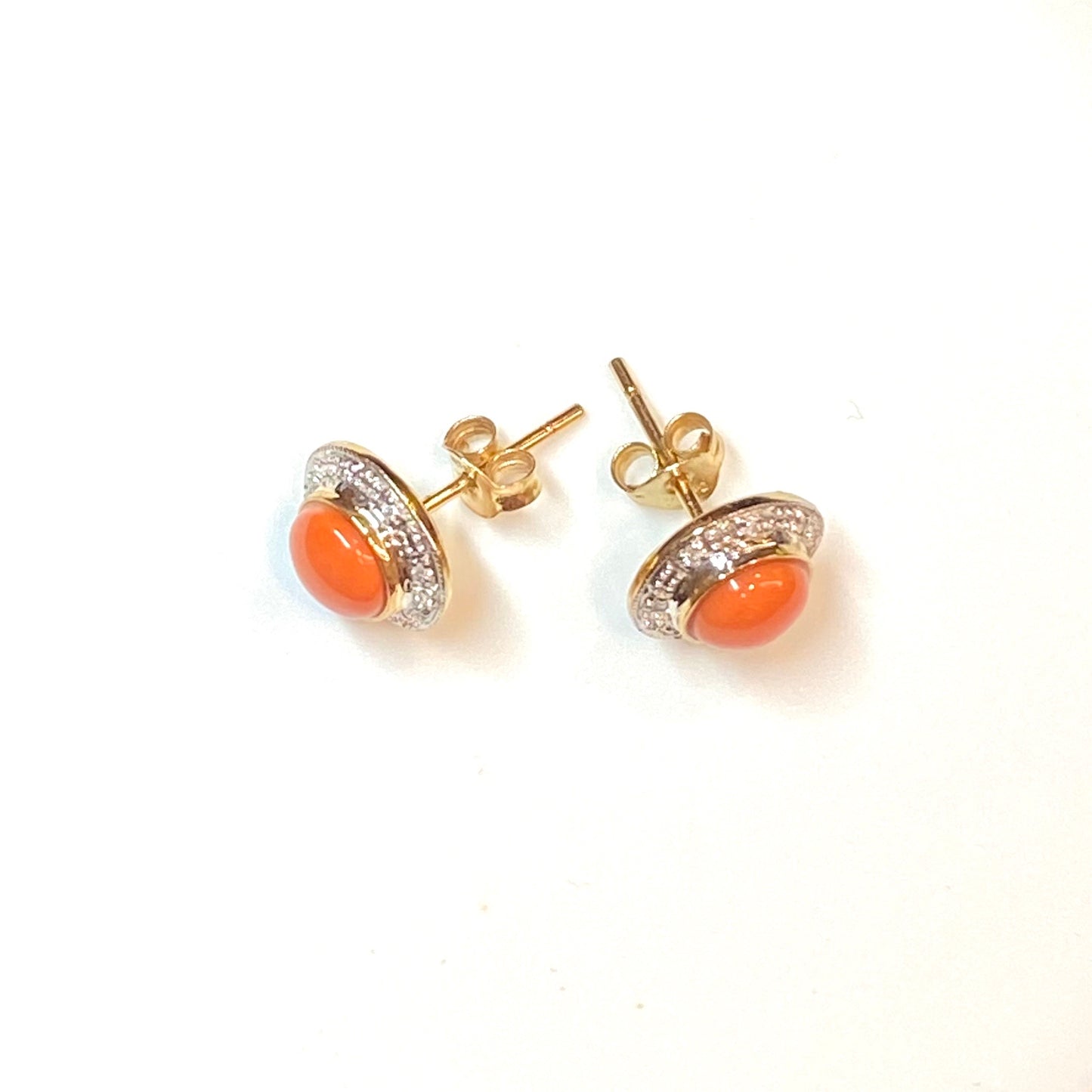 9ct Gold Coral & Diamond Round Stud Earrings - John Ross Jewellers