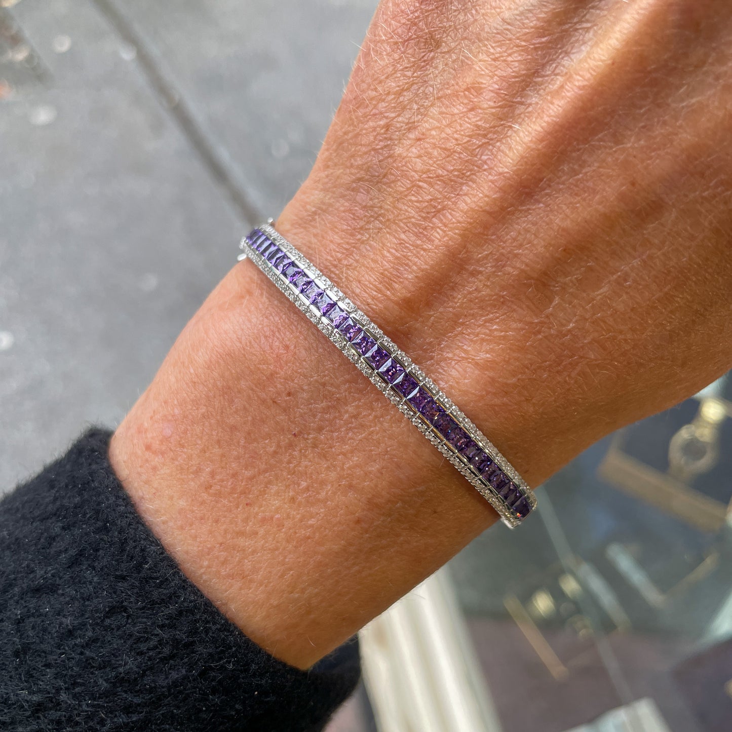 Silver Created Amethyst & CZ Bangle - John Ross Jewellers