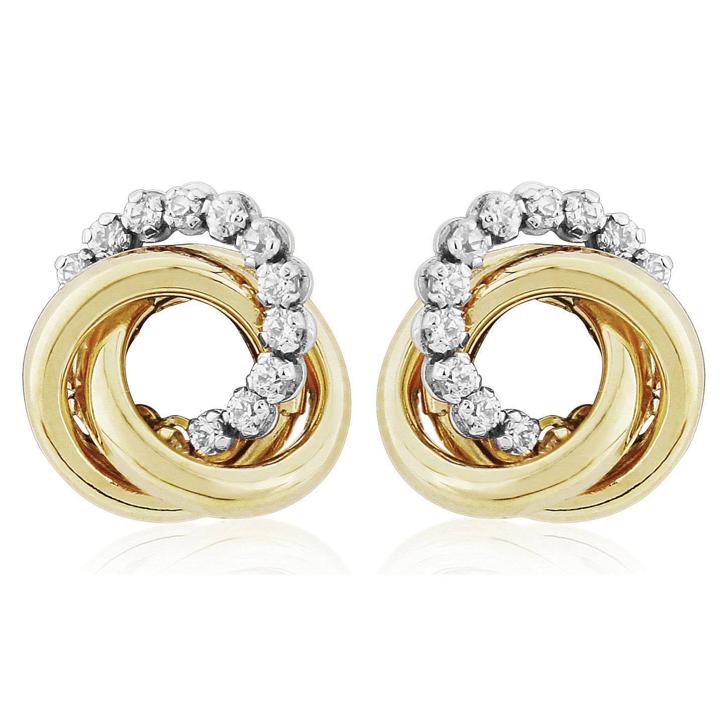 Stubbs 9ct gold CZ knot earrings showing polished gold knots with sparkling cubic zirconia accents.