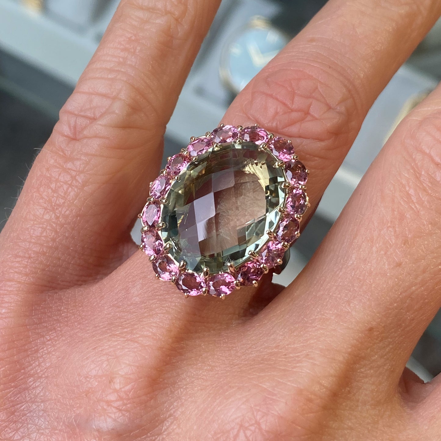9ct Gold Green Amethyst & Pink Tourmaline Cocktail Ring - John Ross Jewellers