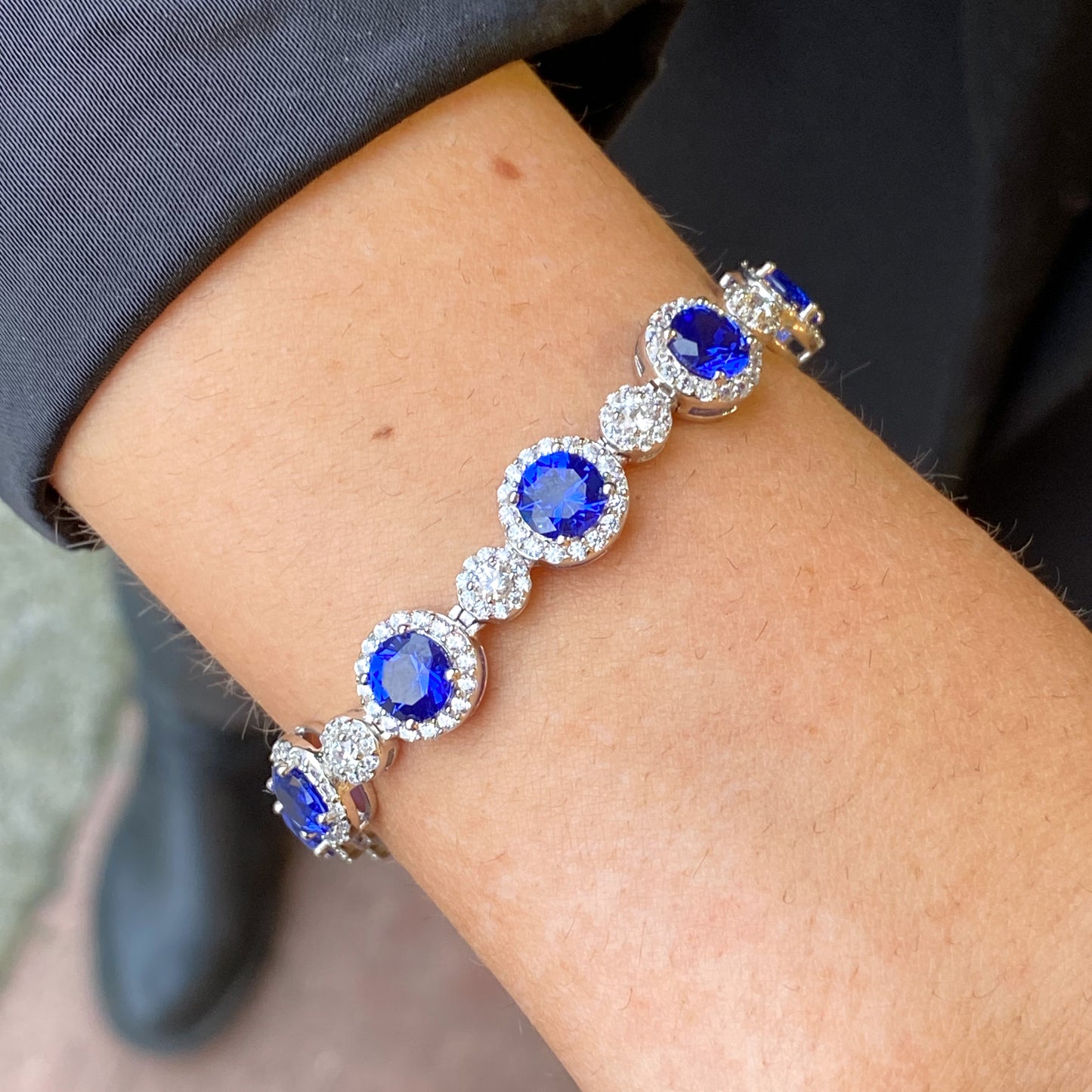 Silver Created Sapphire & CZ Halos Bracelet - John Ross Jewellers