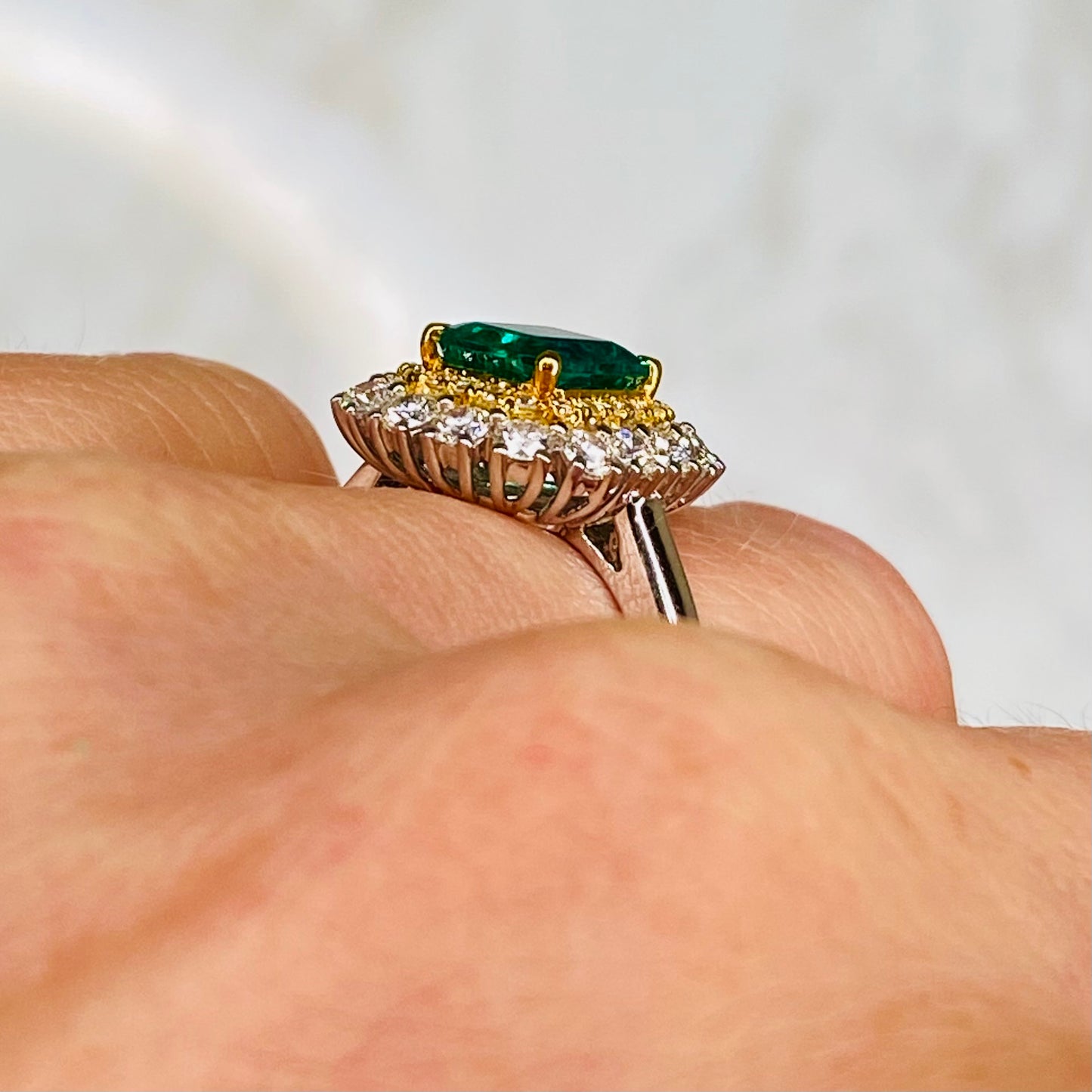 18ct White Gold Emerald & Diamond Double Halo Cluster Ring - John Ross Jewellers