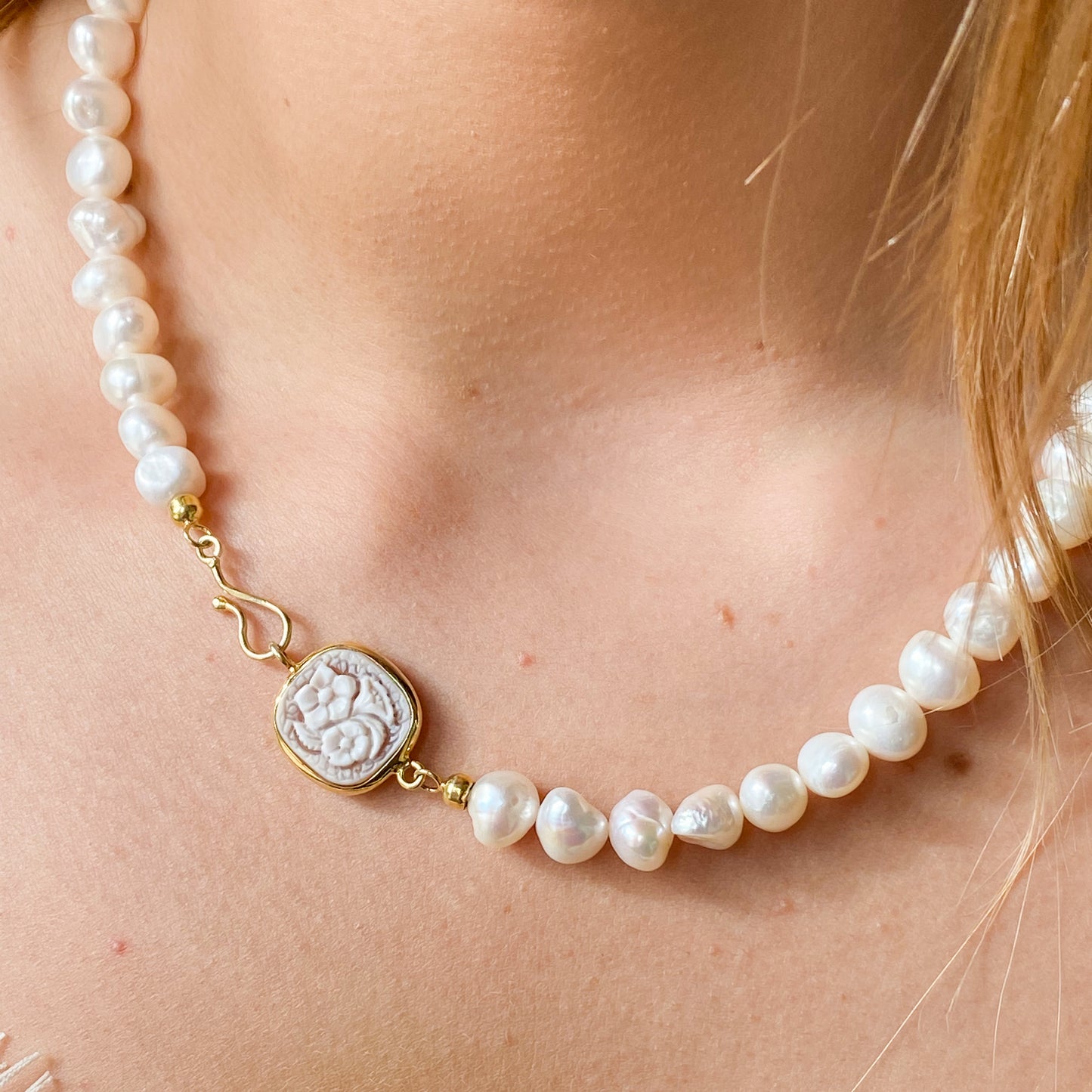 Floral Cameo & Freshwater Pearl Necklace 8mm-10mm | 48cm - John Ross Jewellers