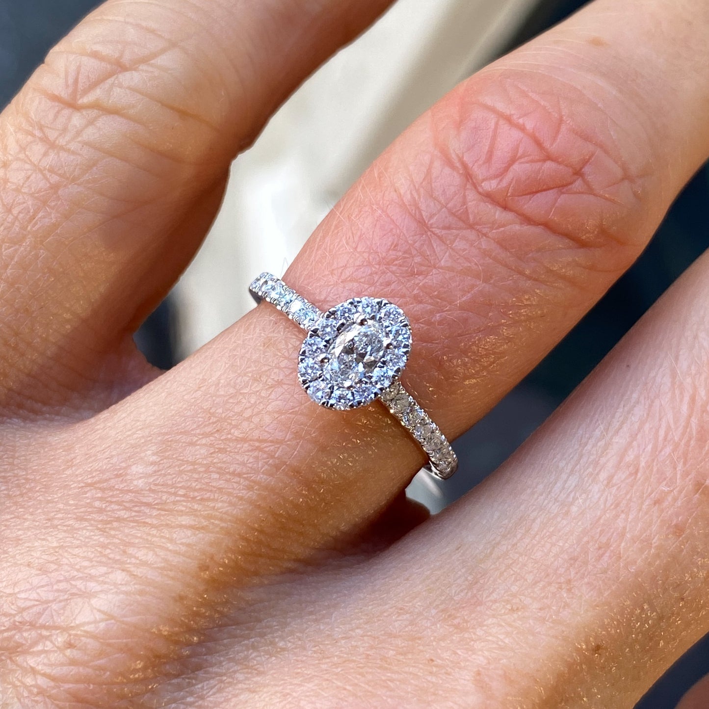 Platinum 0.62ct Oval Cut Solitaire Halo Diamond Ring - John Ross Jewellers