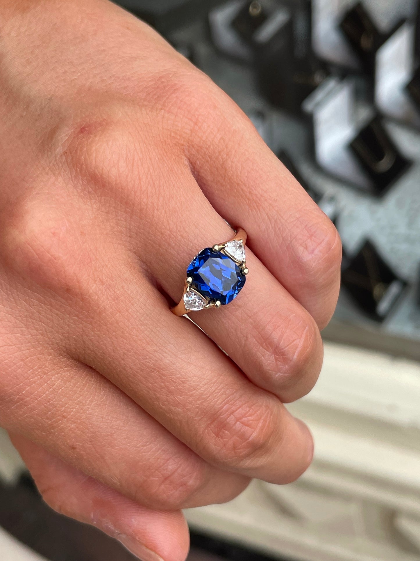 9ct Gold Created Sapphire & CZ Trilogy Ring - John Ross Jewellers