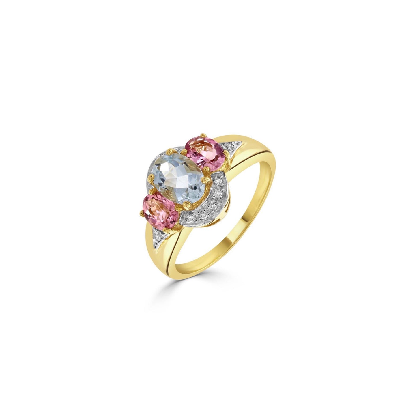 Luke Stockley 9ct gold ring featuring aquamarine, pink tourmaline, and diamond accents, showcasing vibrant gemstones and elegant design.
