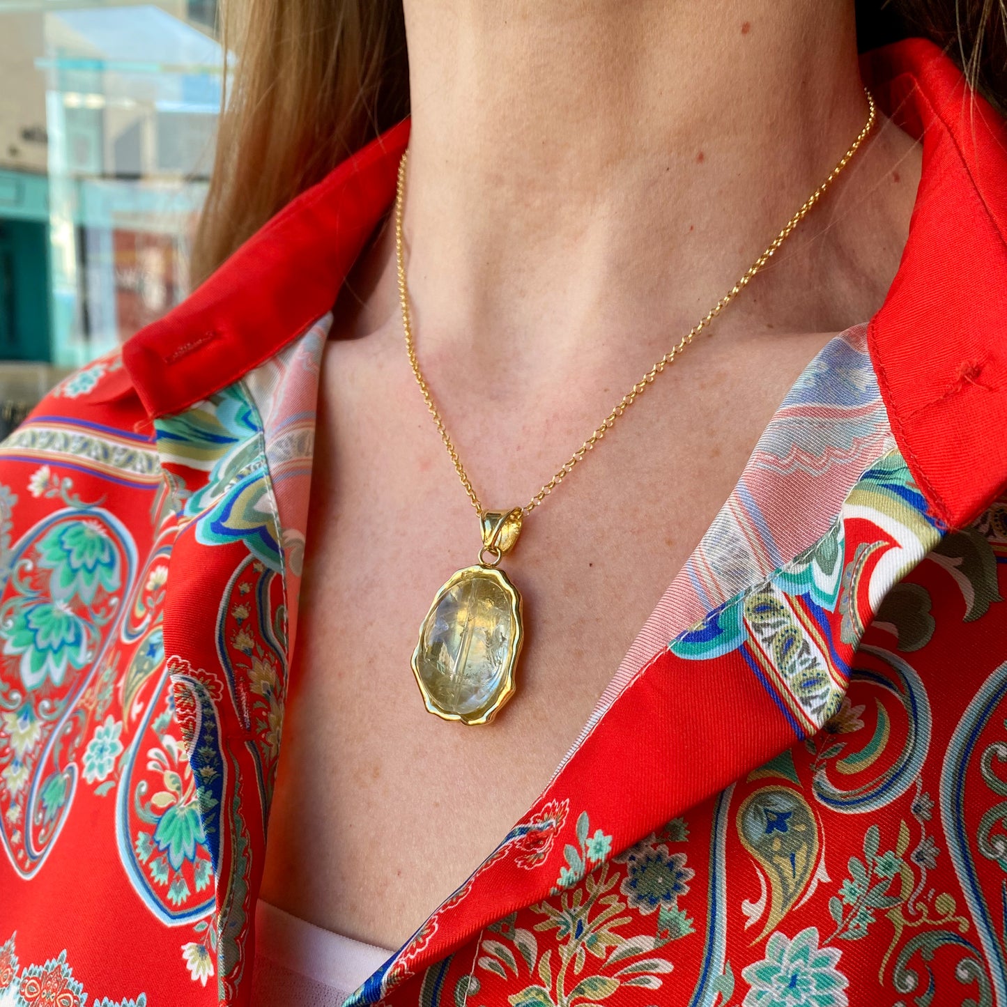 Large Oval Baroque Lemon Quartz Pendant on Chain - John Ross Jewellers