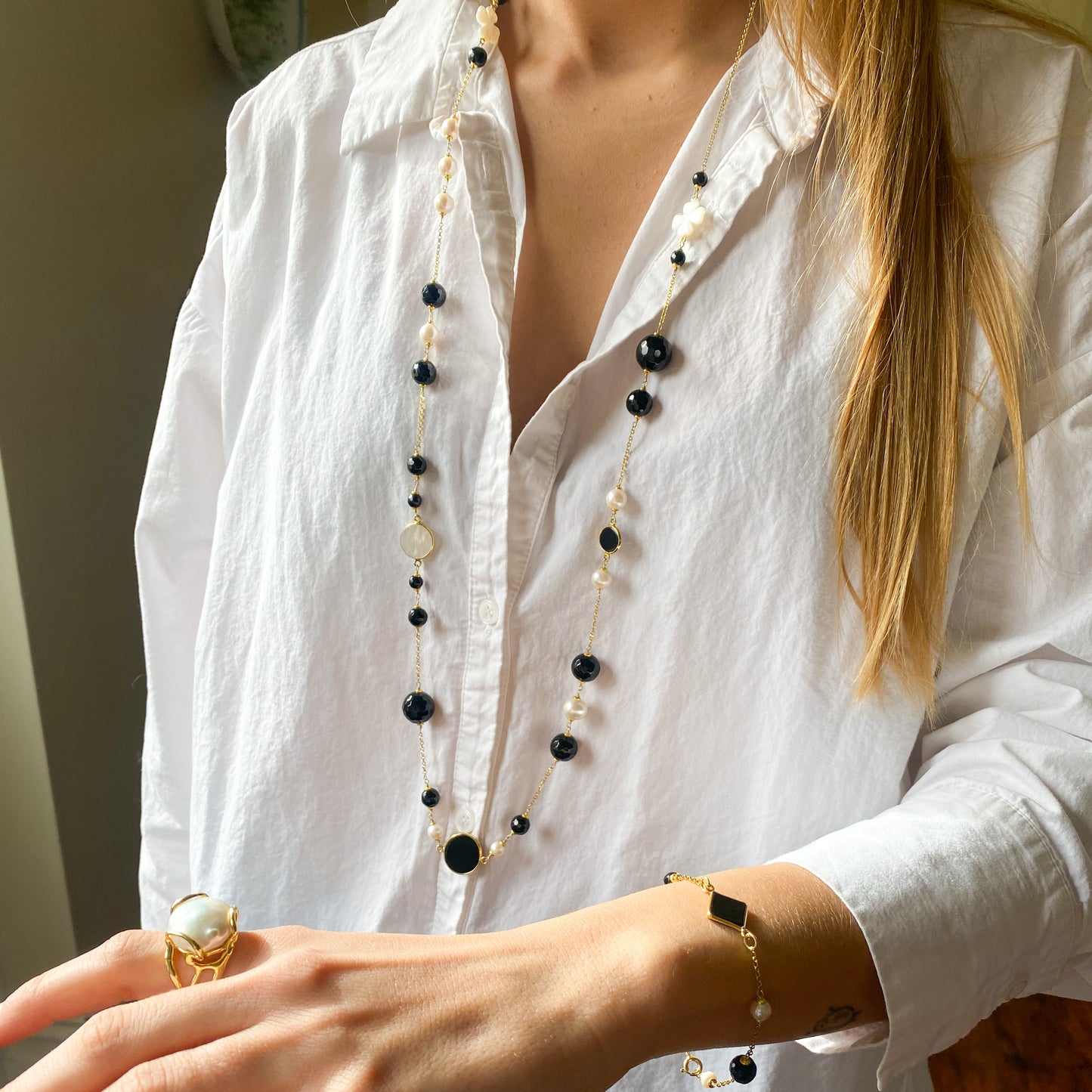 Natural Beauty - Mother of Pearl, Pearl & Onyx Necklace | 100cm - John Ross Jewellers