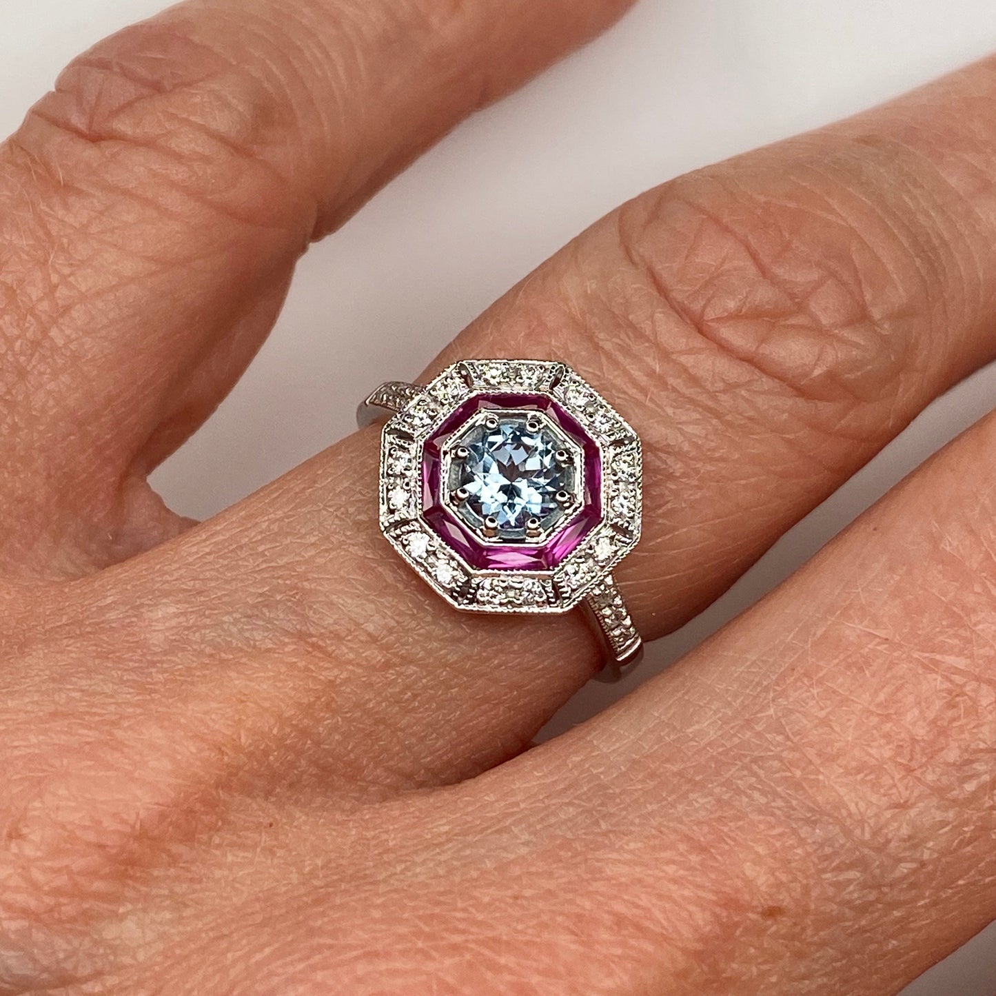 9ct White Gold Aquamarine, Ruby & Diamond Ring - John Ross Jewellers