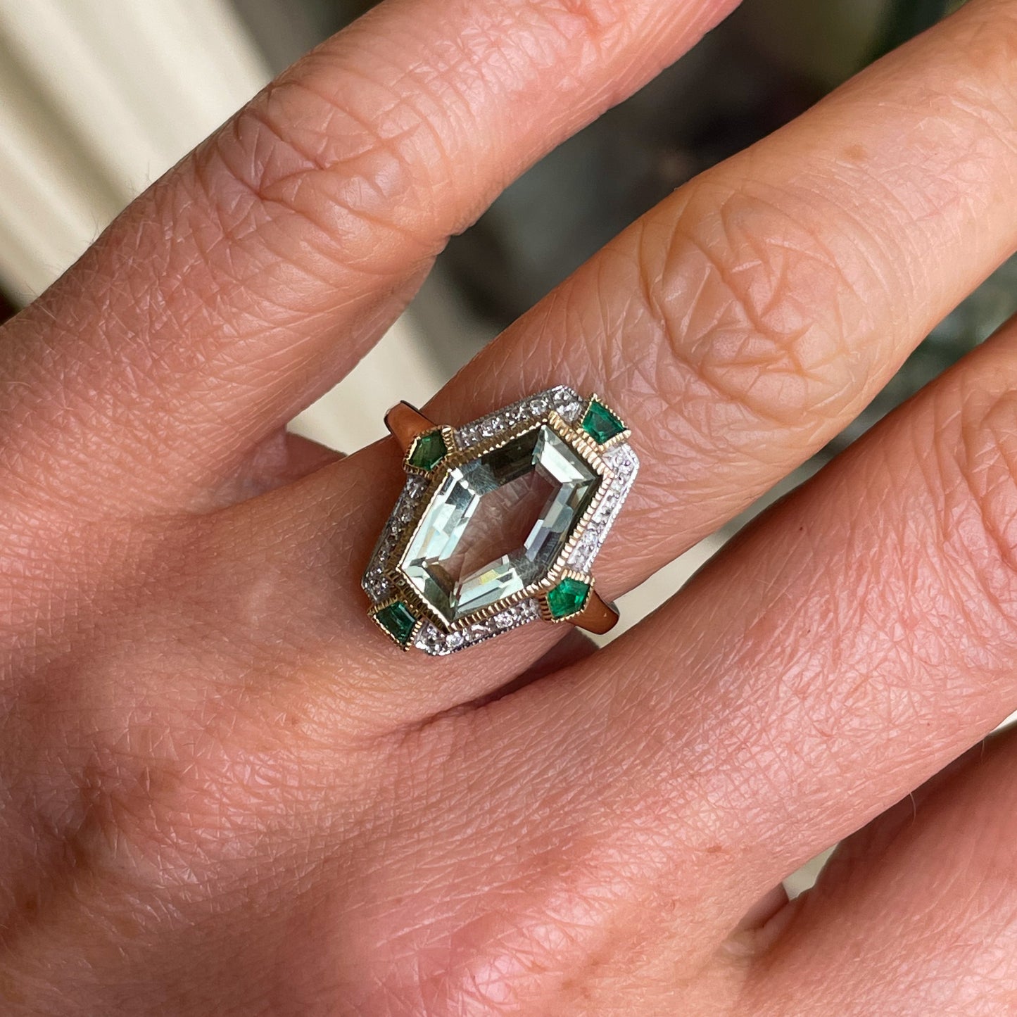 9ct Gold Green Amethyst, Emerald & Diamond Ring - John Ross Jewellers