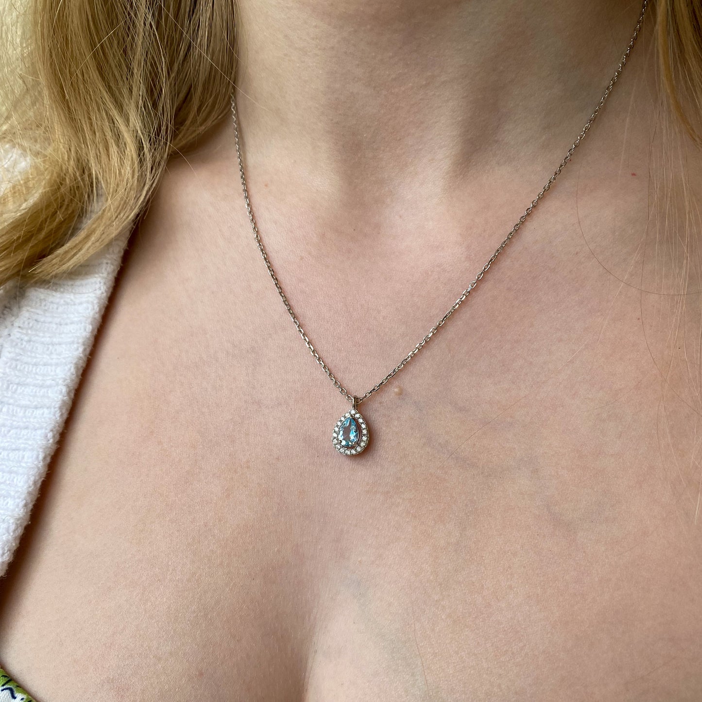 Silver Pear Sky Blue Topaz Halo Necklace - John Ross Jewellers