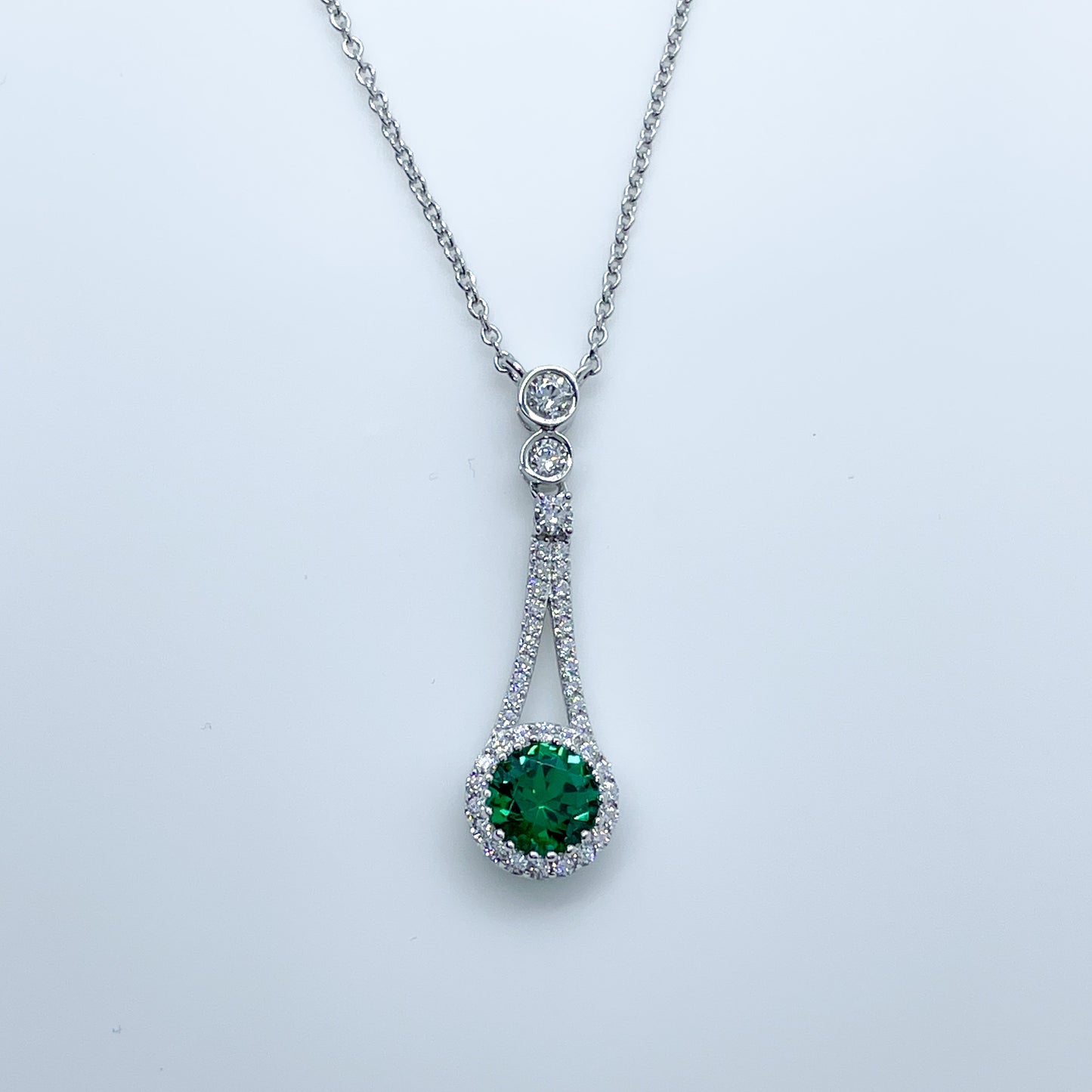 Silver Created Emerald & CZ Halo Drop Necklace - John Ross Jewellers