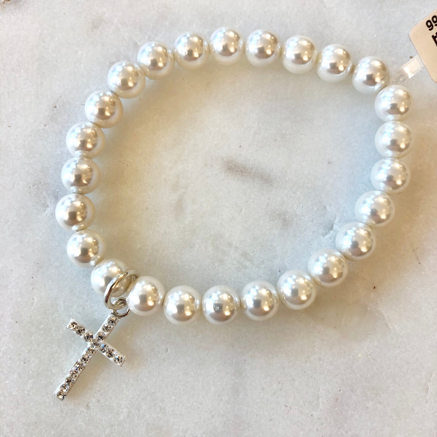 Kids Crystal Cross Stretch Pearl Bracelet - John Ross Jewellers