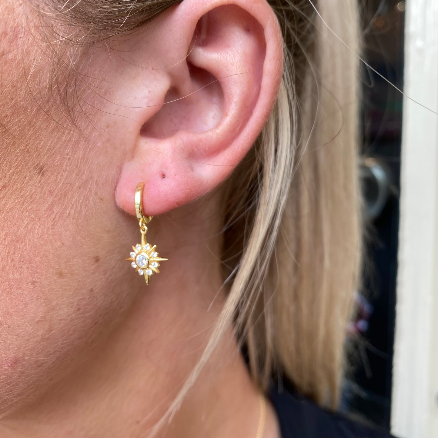 Sunshine CZ Compass Star Charm Huggie Hoop Earrings | 10mm - John Ross Jewellers
