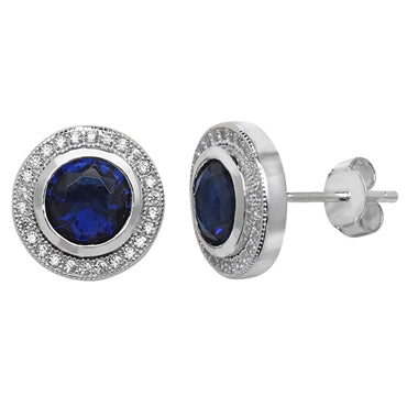 Silver Navy CZ Round Halo Stud Earrings - John Ross Jewellers