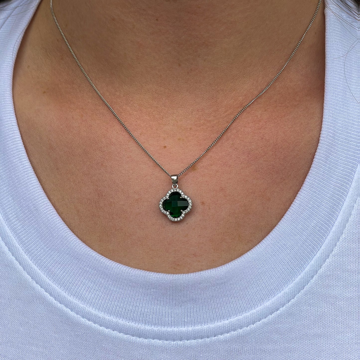 Silver CZ Quatrefoil Earring & Necklace Set | Emerald Green