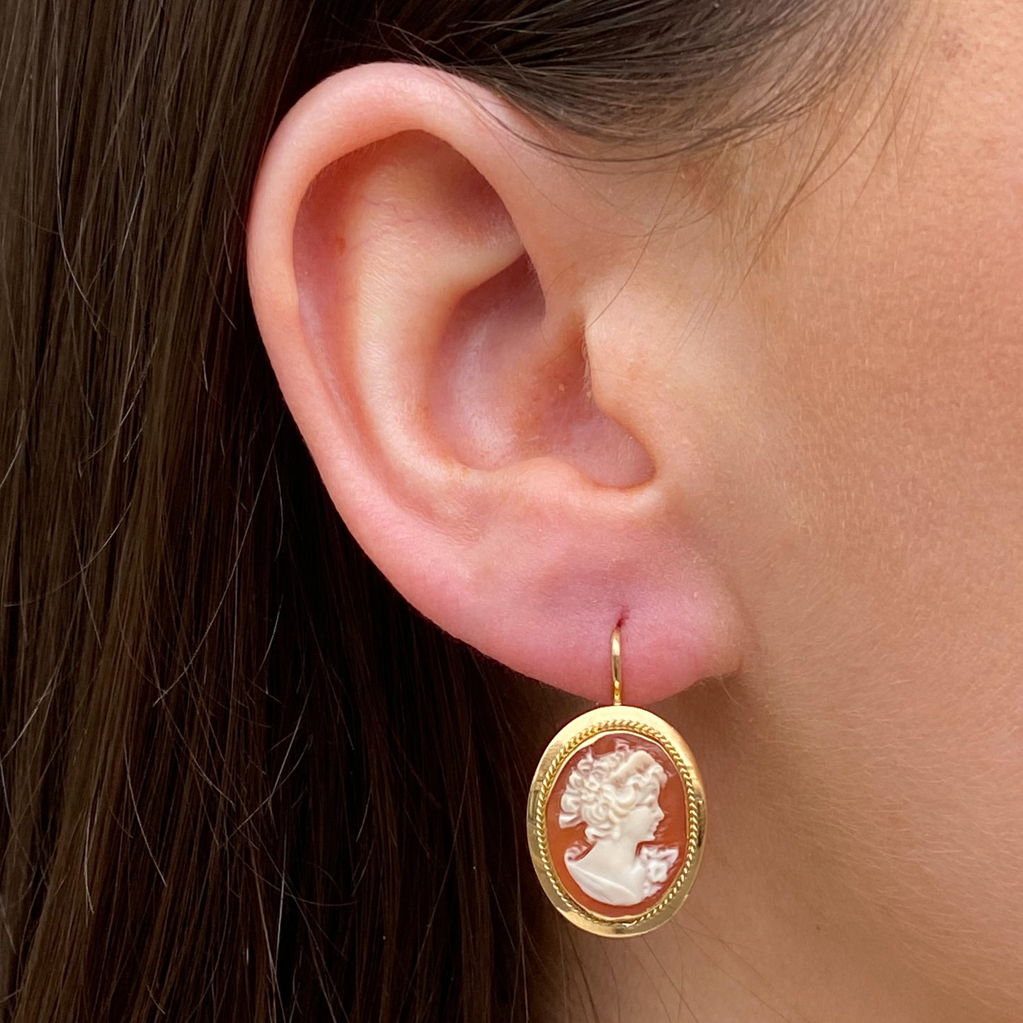 18ct Gold Shell Cameo Drop Earrings | German Wires - John Ross Jewellers