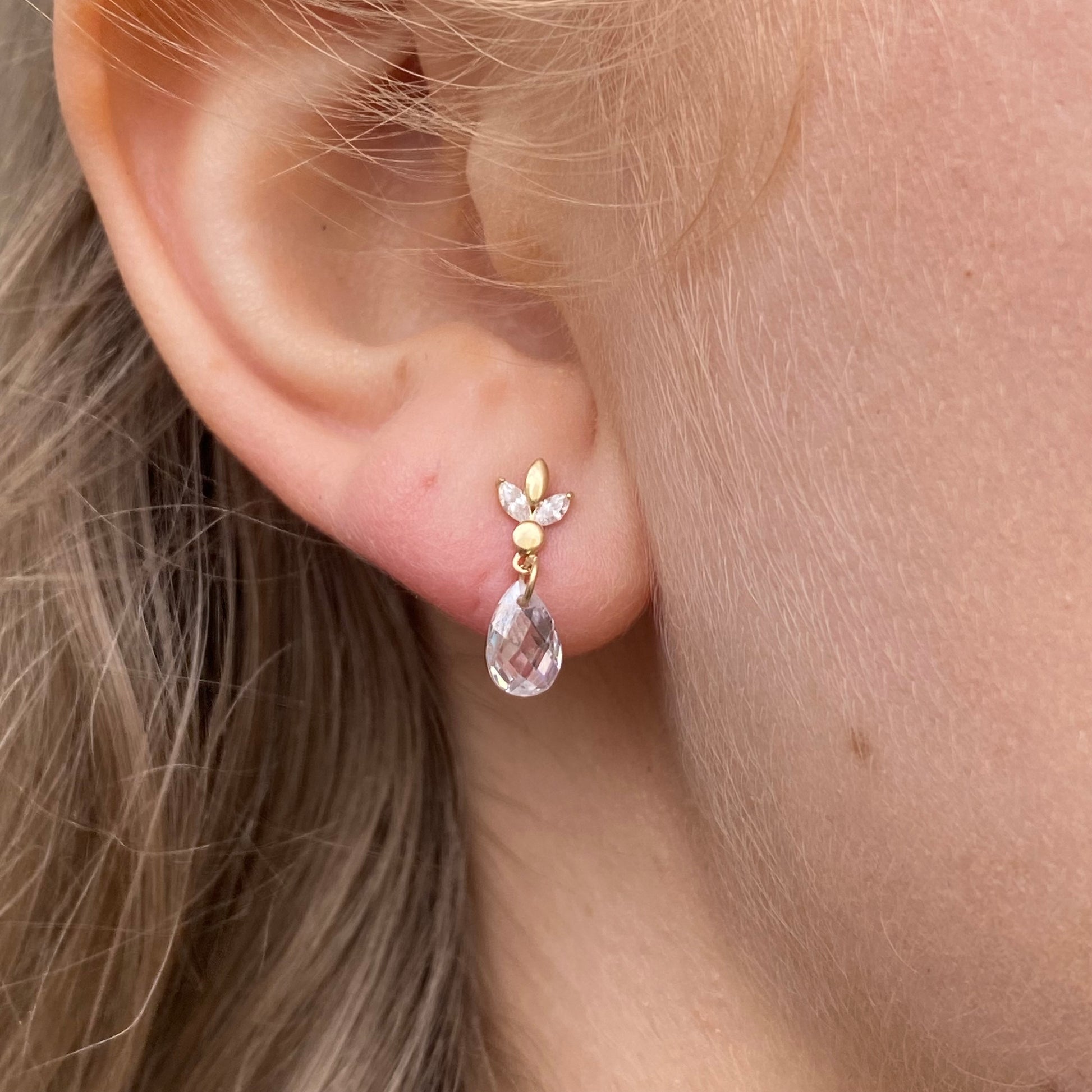 9ct gold CZ lotus drop earrings by PJD featuring floral design and sparkling cubic zirconia stones.