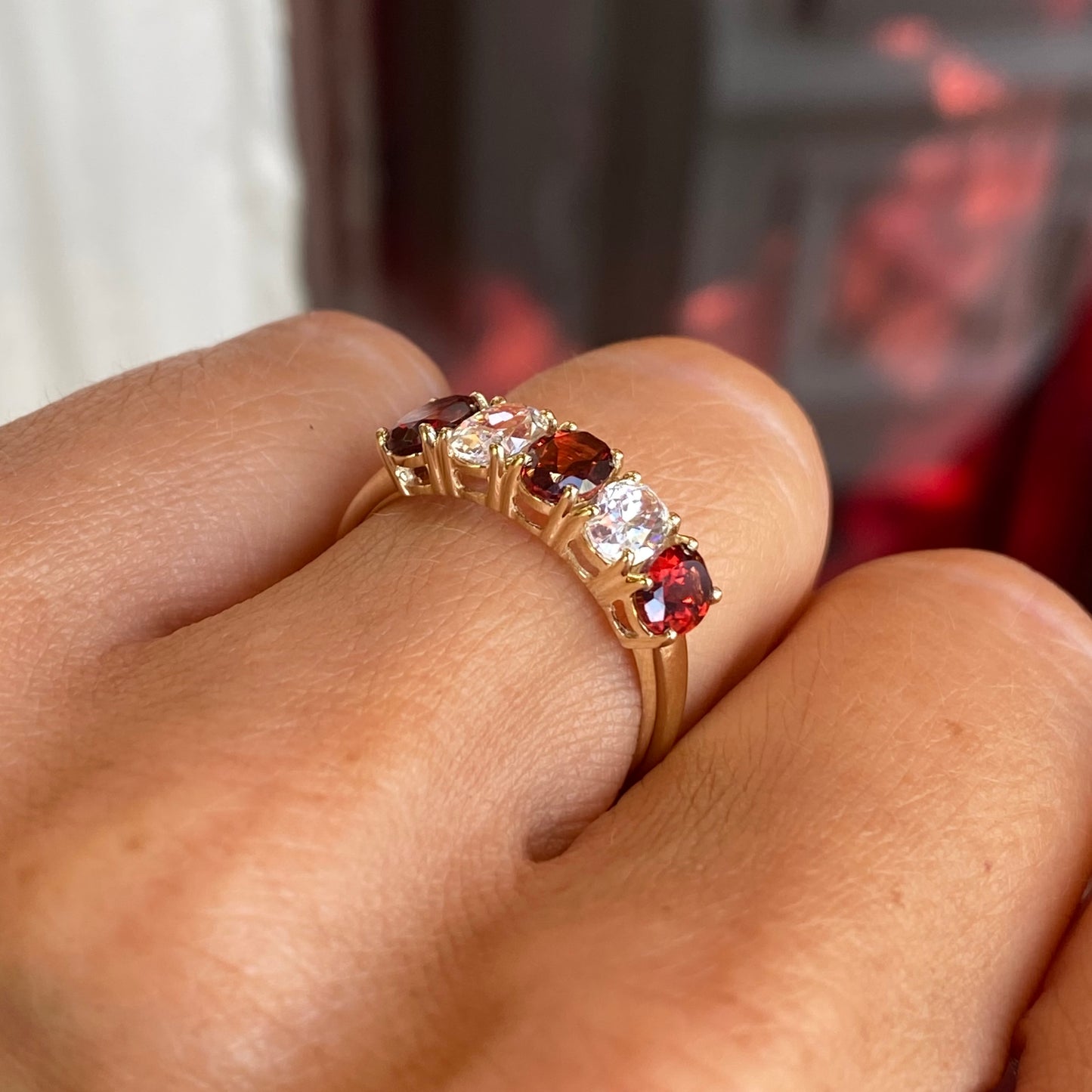 9ct Gold Oval Five Stone Eternity Ring - Garnet & CZ - John Ross Jewellers