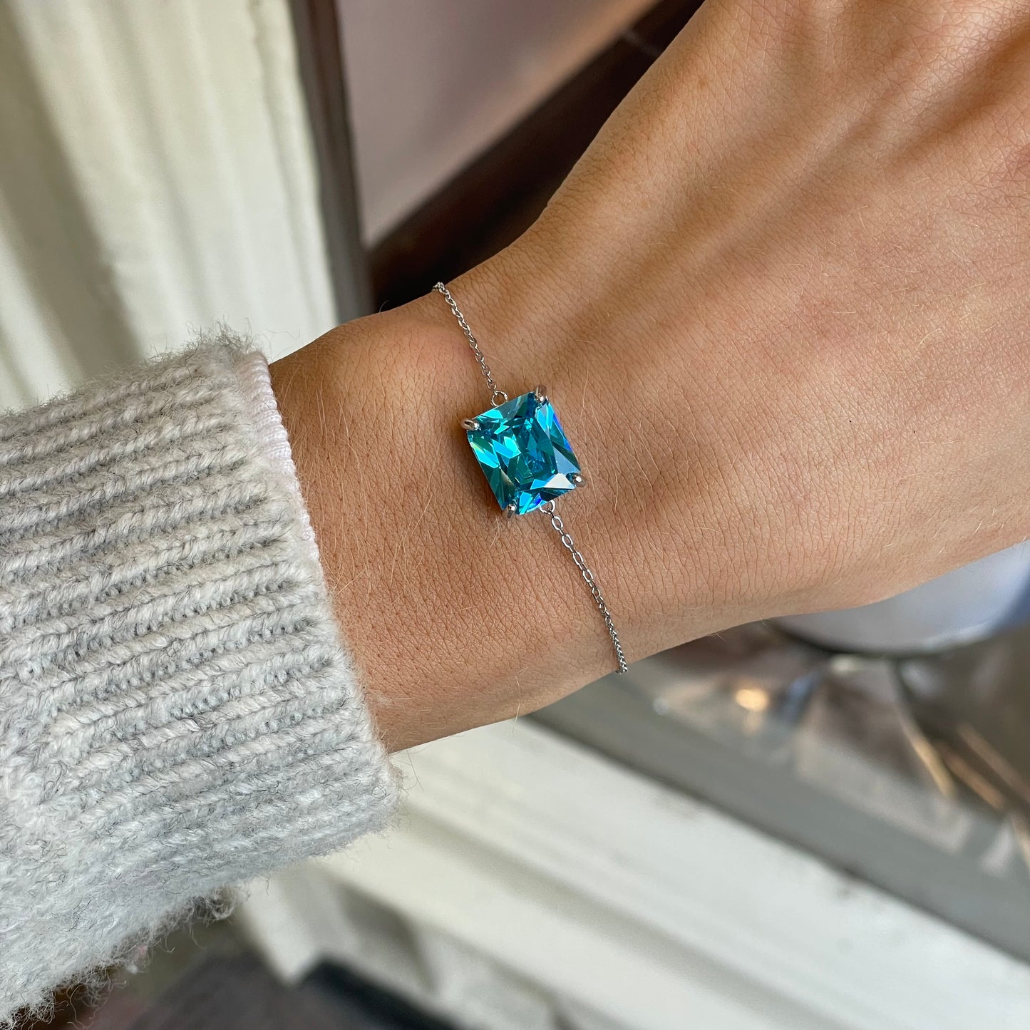 Silver 10x8mm Aqua Centrepiece Bracelet | 16+3cm - John Ross Jewellers